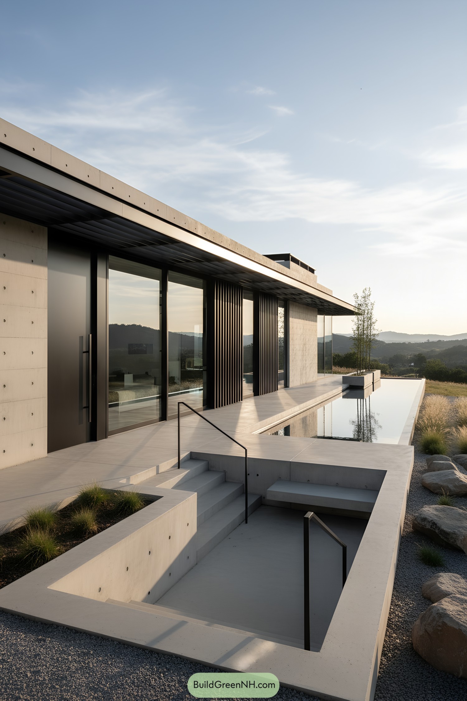 Long concrete pavilion with reflecting pool and sunken patio