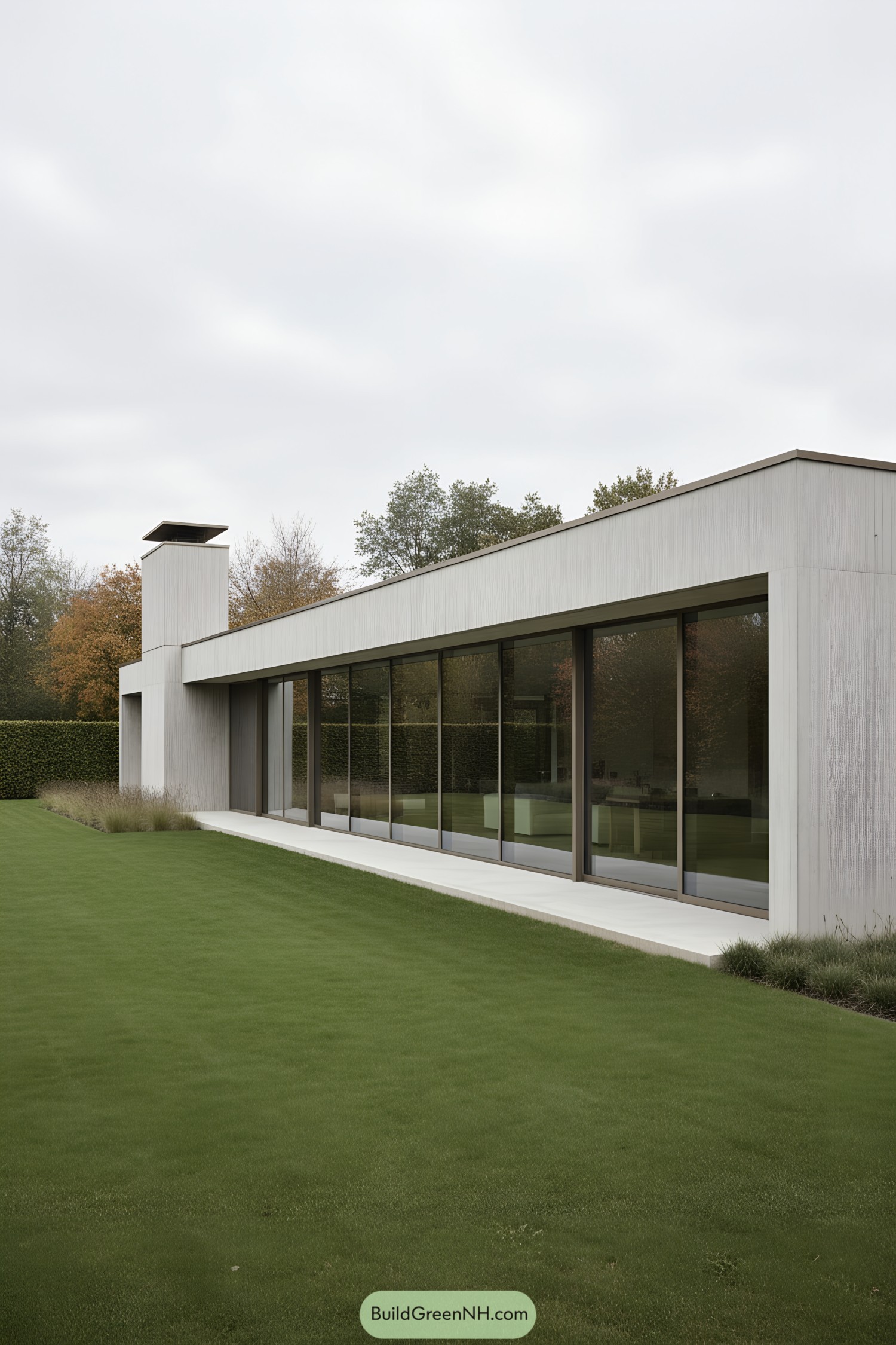 Long concrete pavilion with full-height glazing