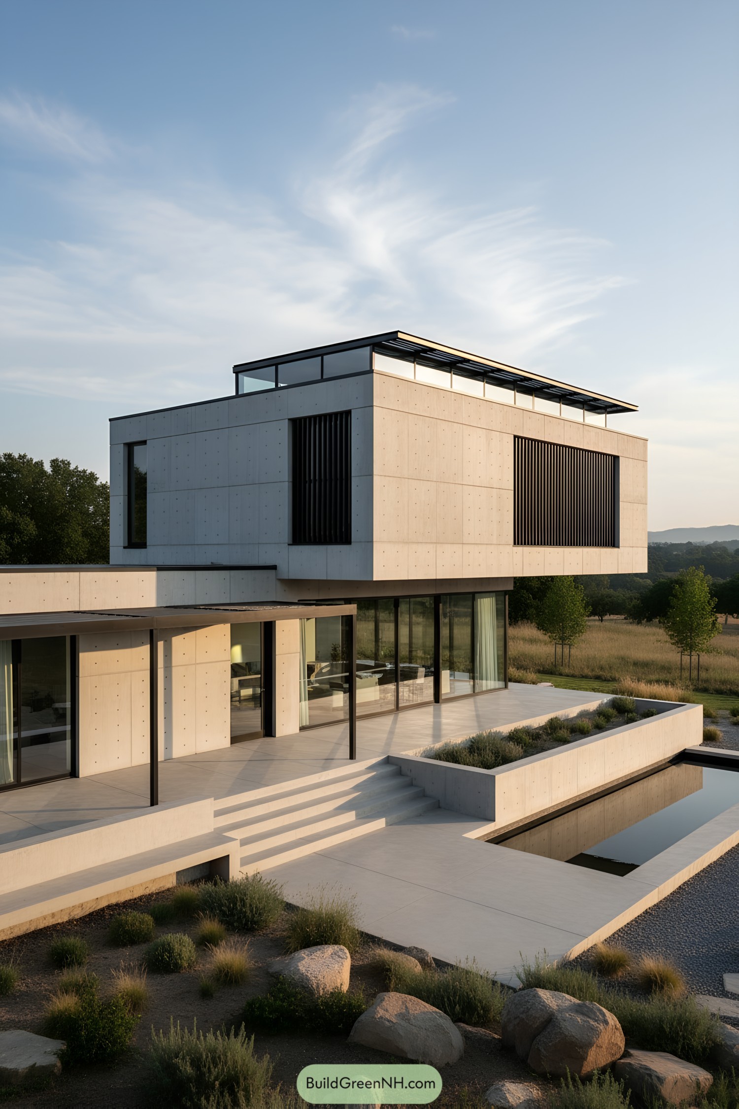 Minimalist concrete home with tiered patios and pool