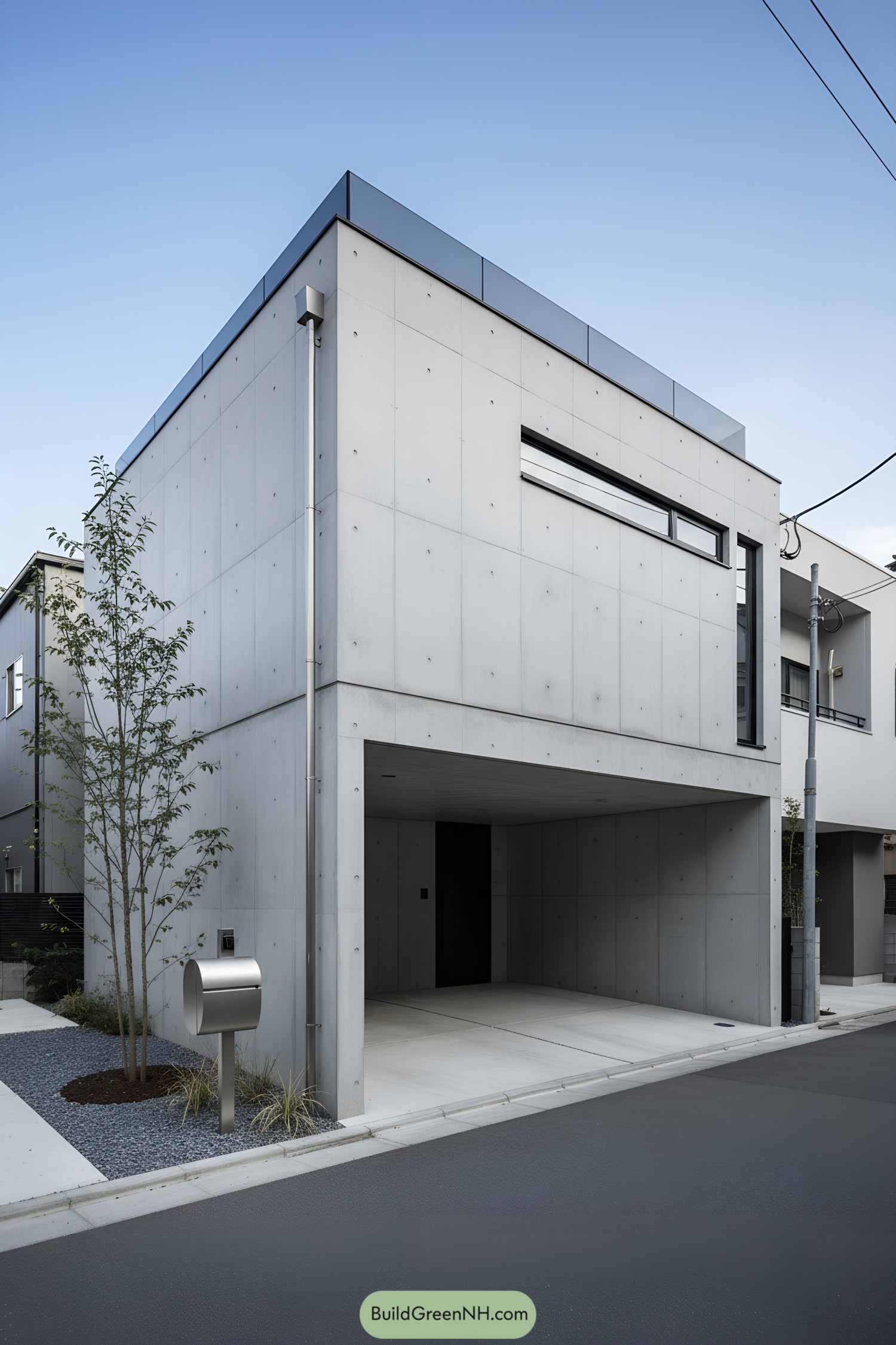 Two-story concrete cube with recessed carport