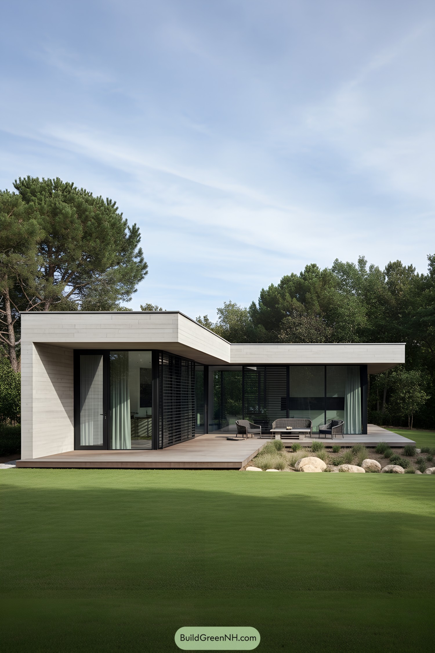 Low-slung concrete home with glass walls and deck