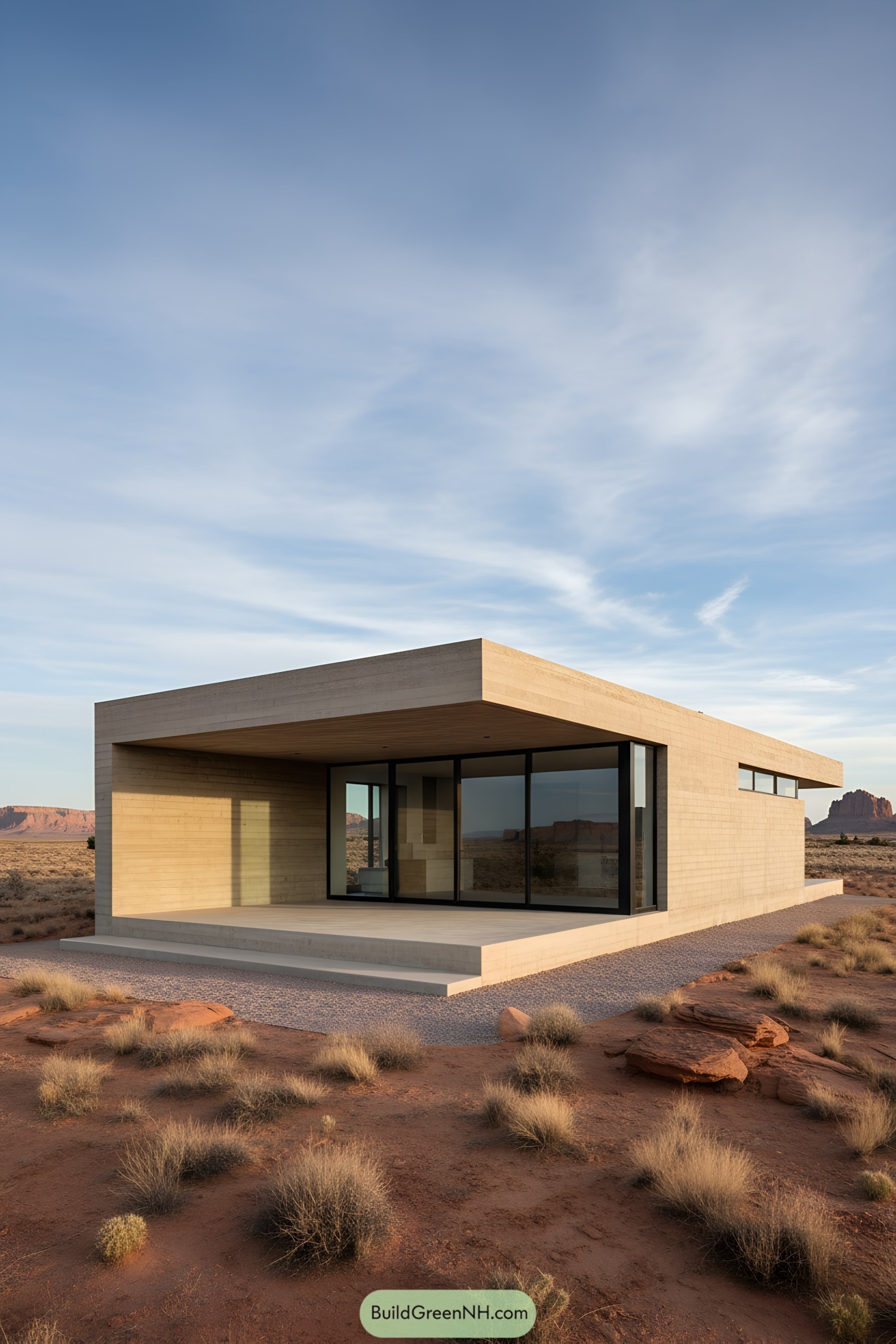 Low concrete pavilion with deep overhang and glass walls
