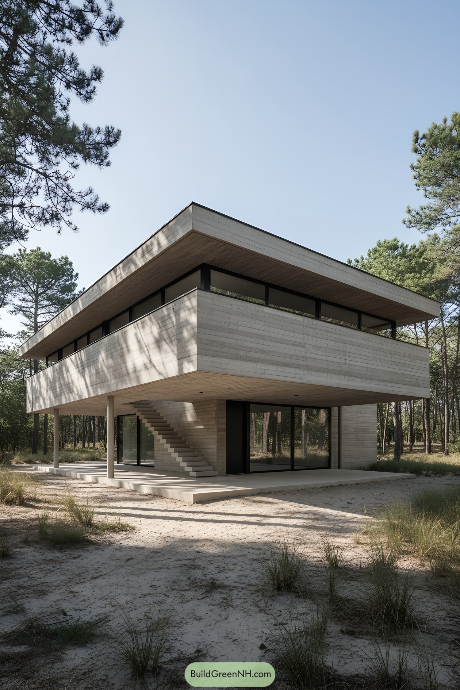 Two-story concrete home with deep cantilevered eaves in a forest clearing