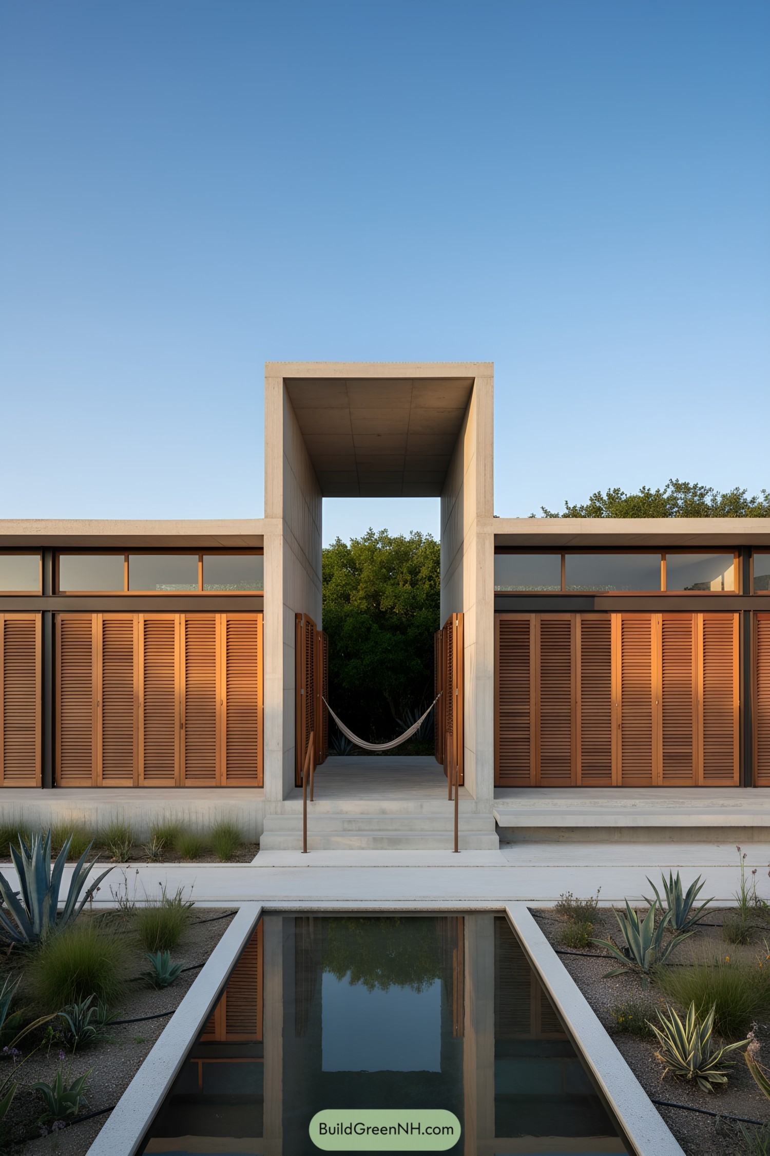 Concrete courtyard home with wooden shutters and reflecting pool