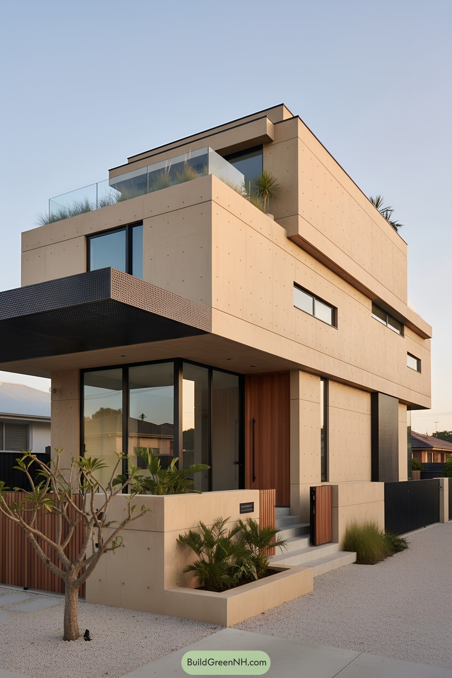 Three-level concrete panel home with rooftop garden and glass railings
