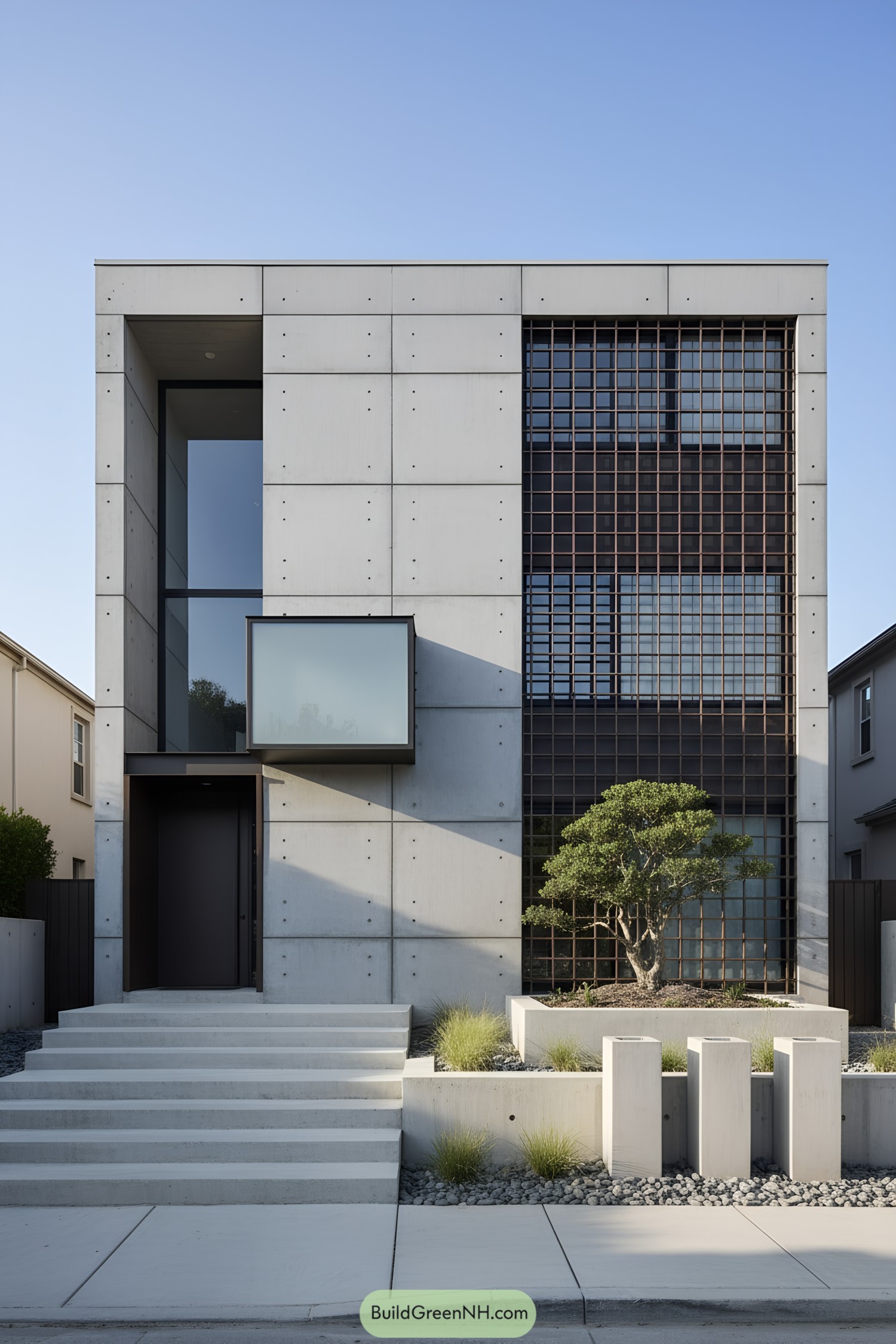 Modern concrete facade with gridded screen and planter
