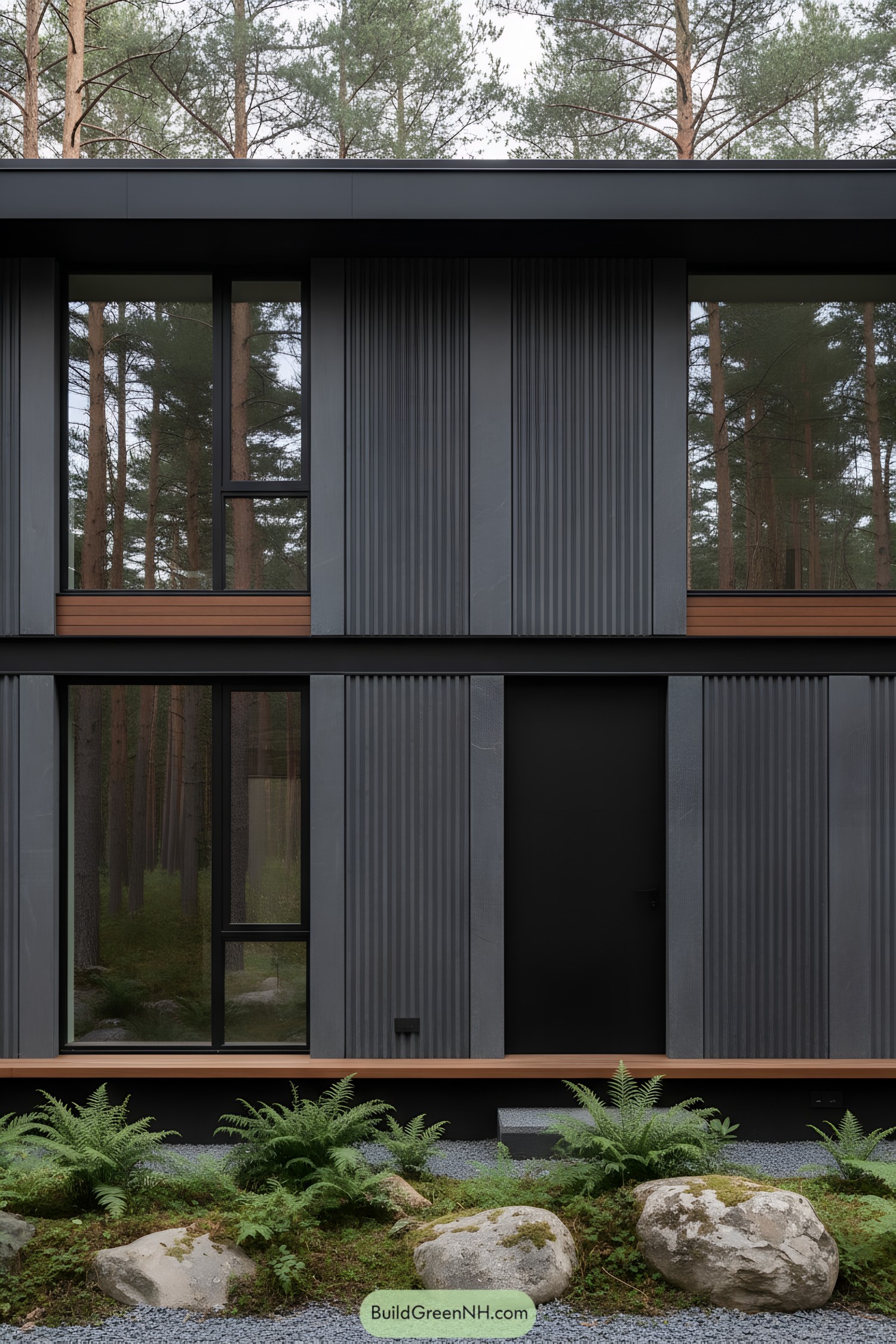 Dark concrete-panel facade with tall glazing and ribbed cladding framed by timber accents