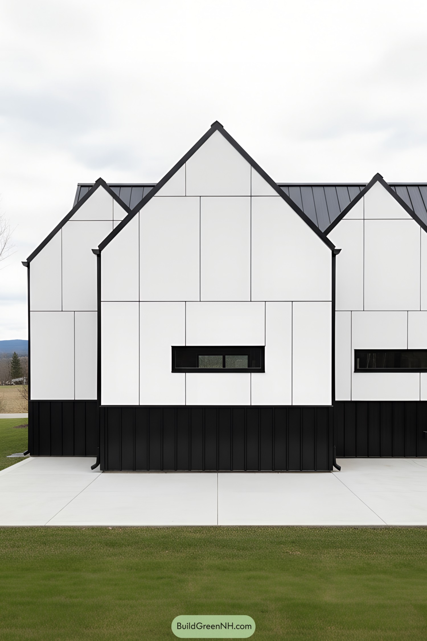 Black-and-white gabled facade with panels