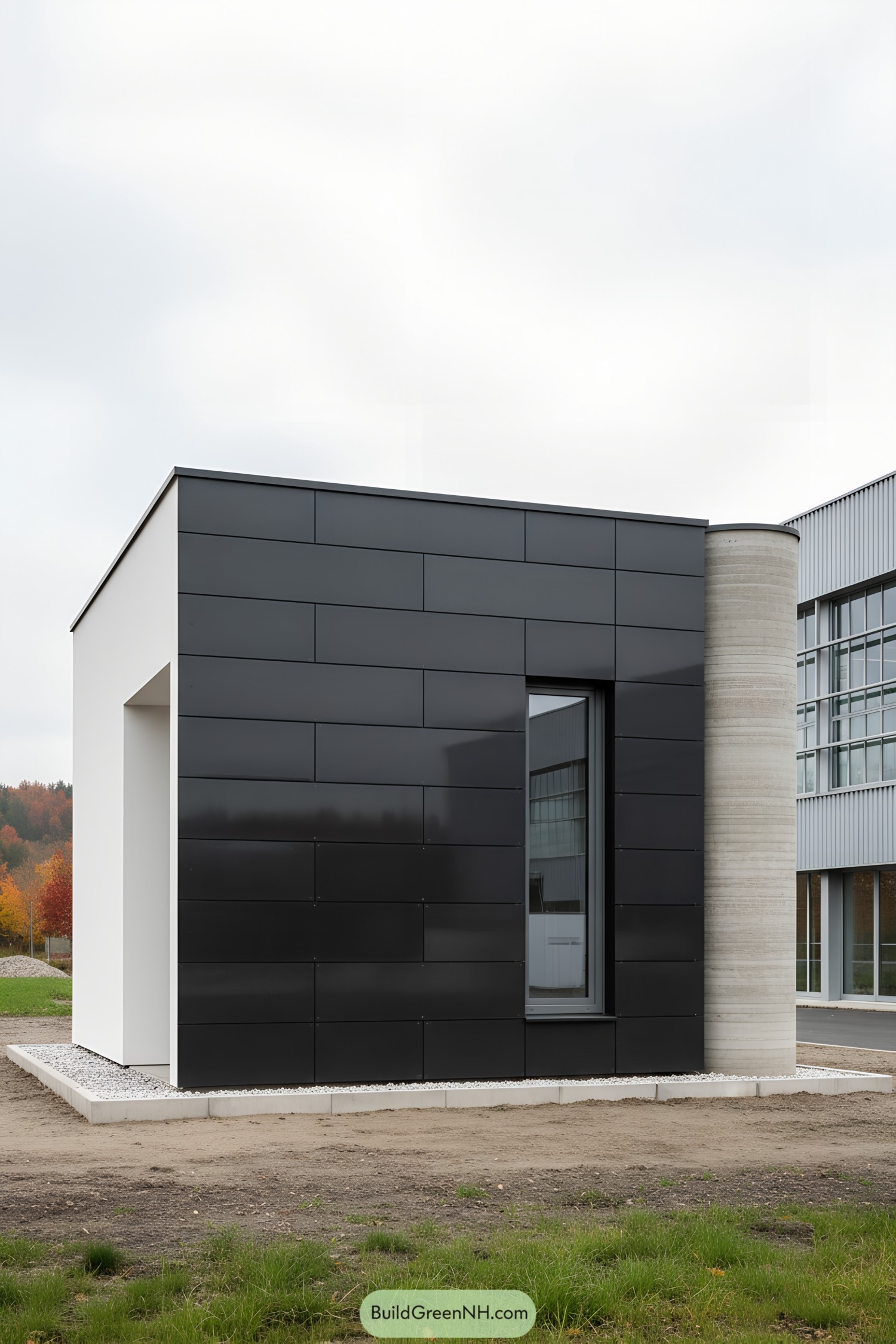 Compact black concrete-panel pavilion