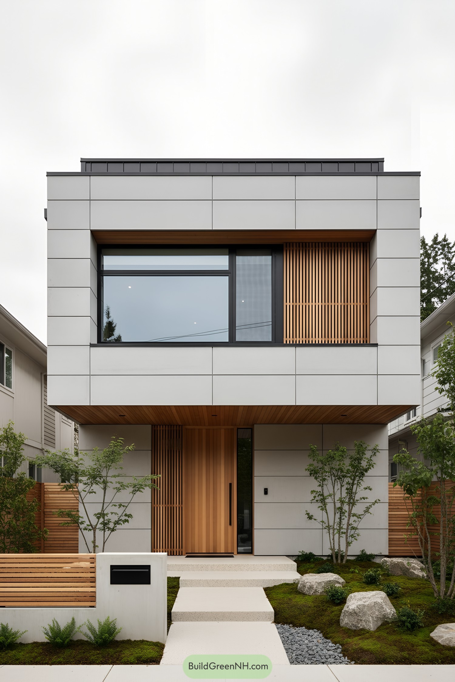 Minimalist concrete facade with warm wood accents