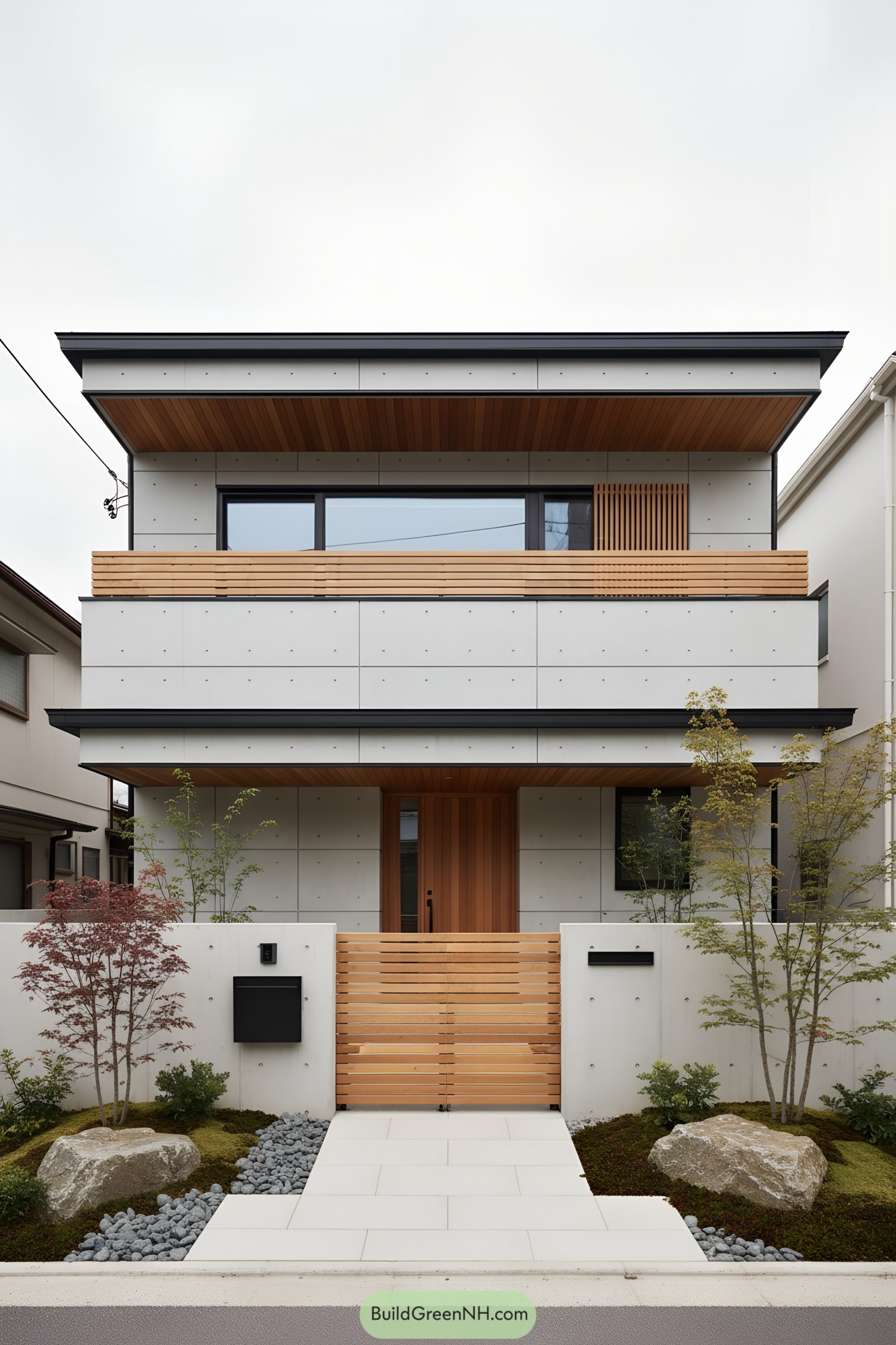 Two-story concrete facade with cedar accents
