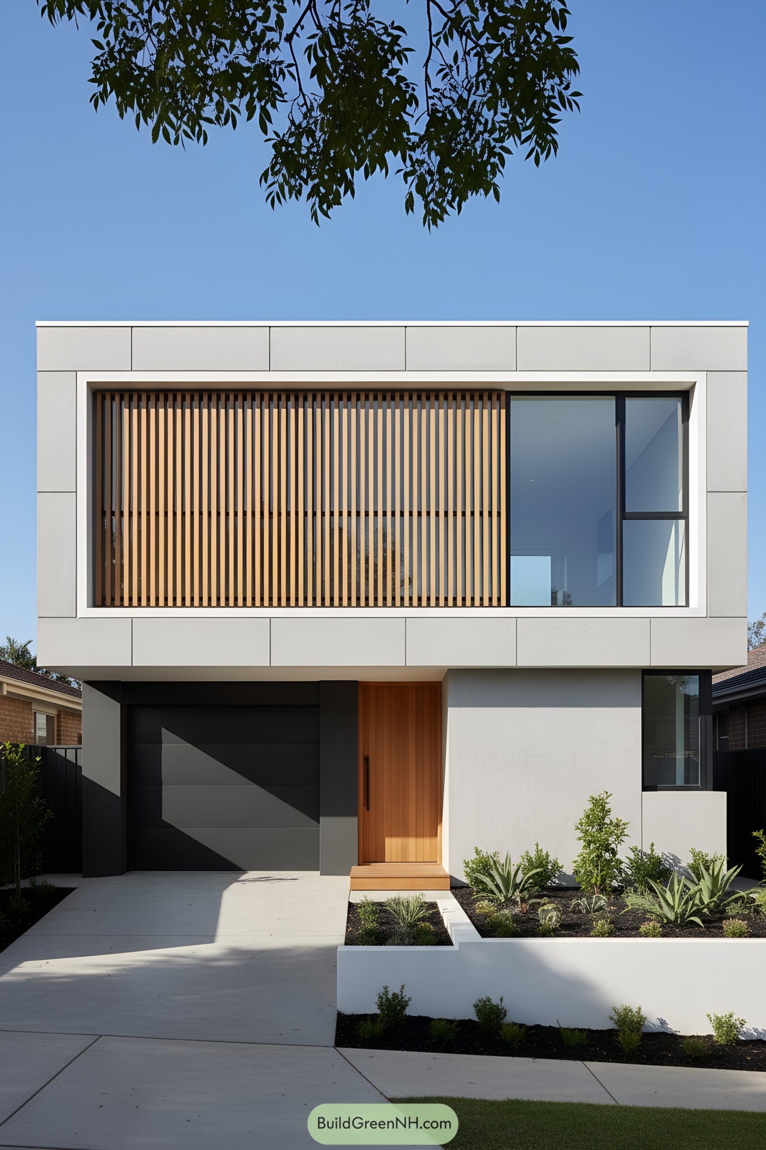 Modern concrete townhouse with wood slats