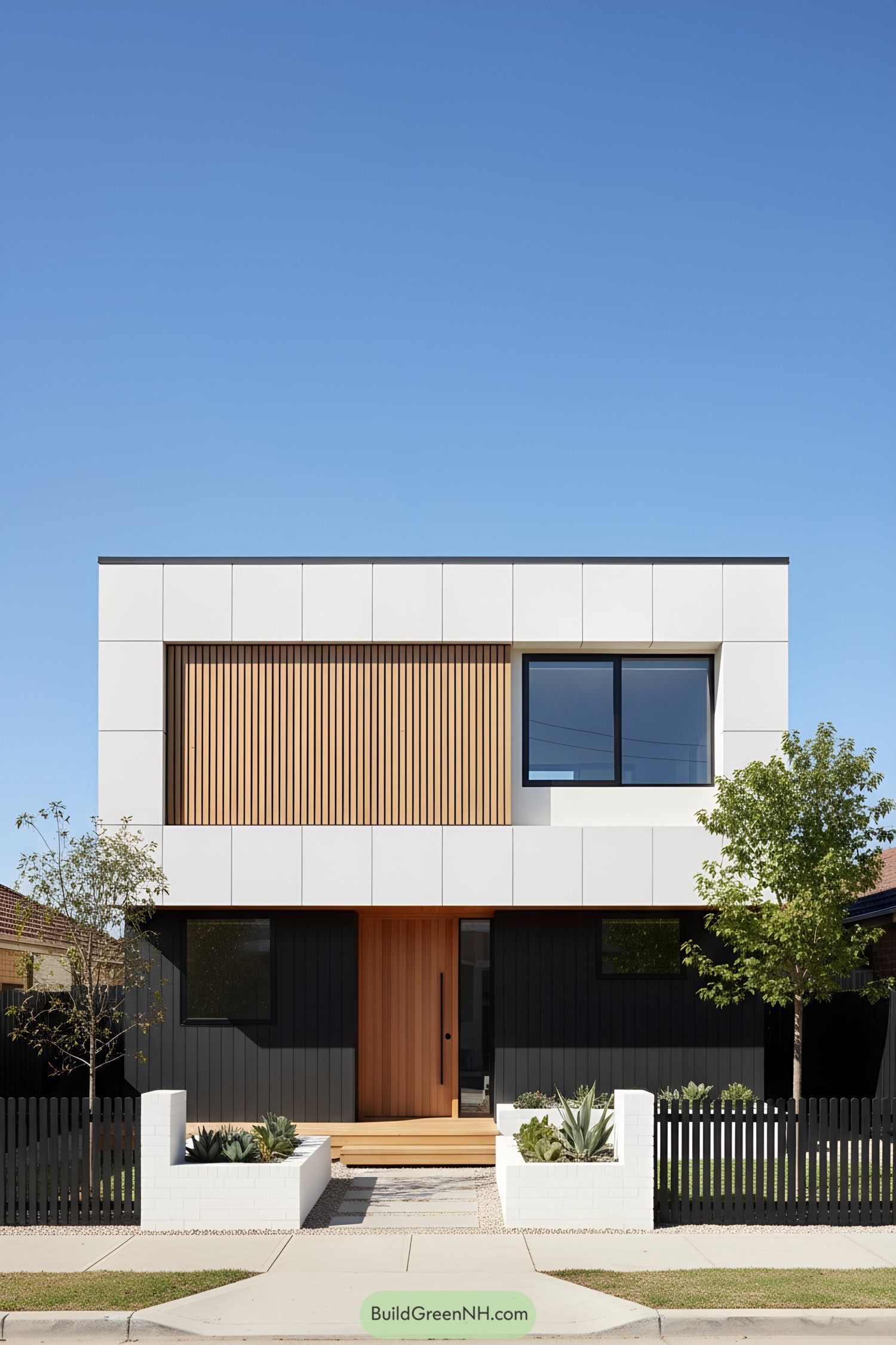 Modern concrete panel house with wood slats