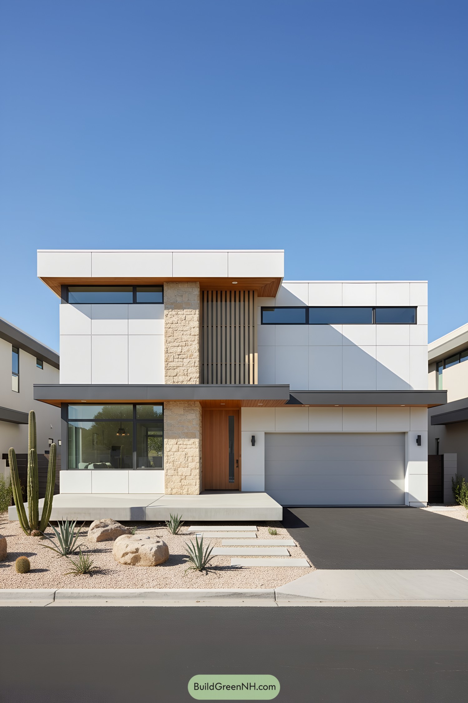 Two-story white concrete-panel house with stone accents and xeriscape yard