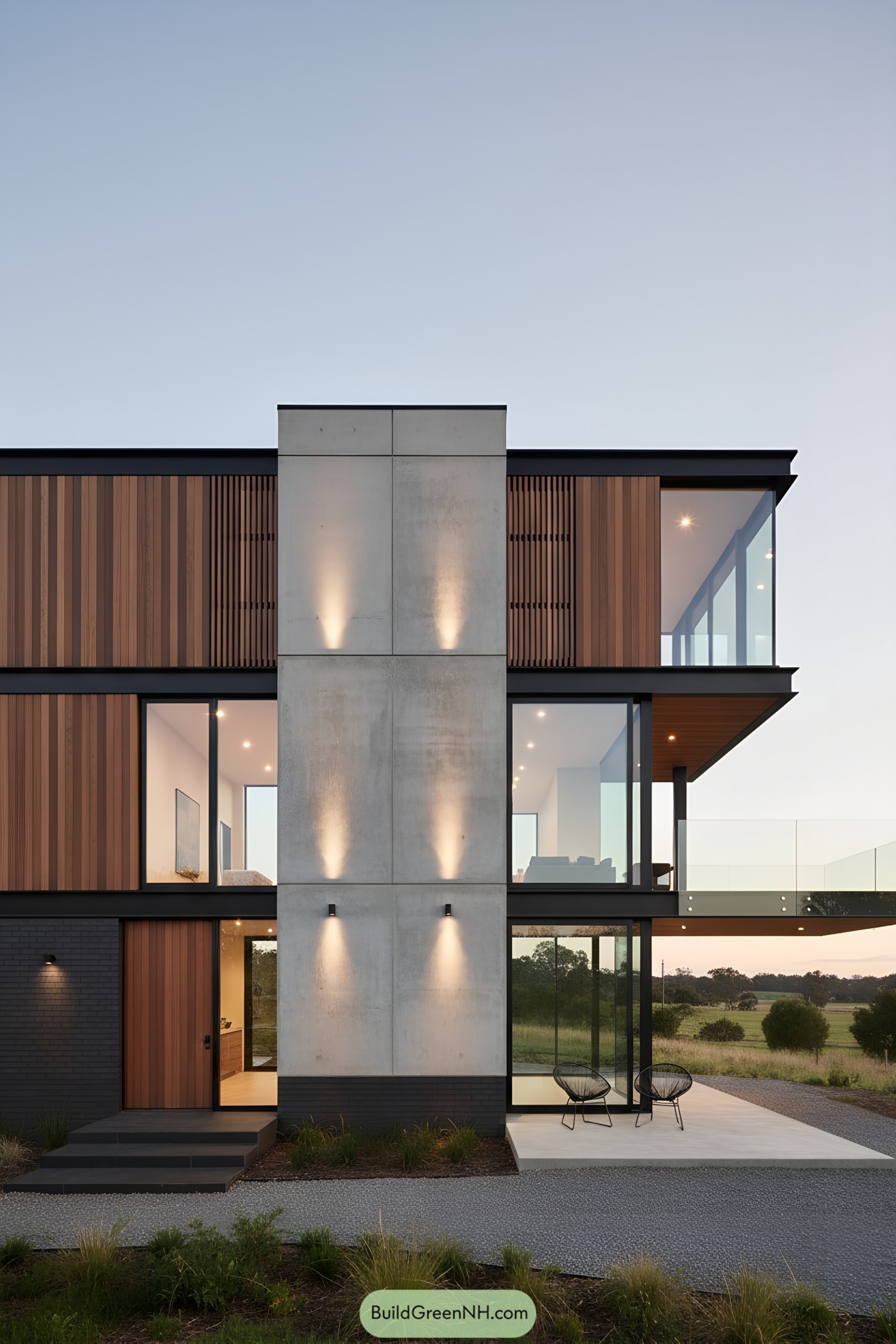 Two-story concrete-and-timber facade with glass corners