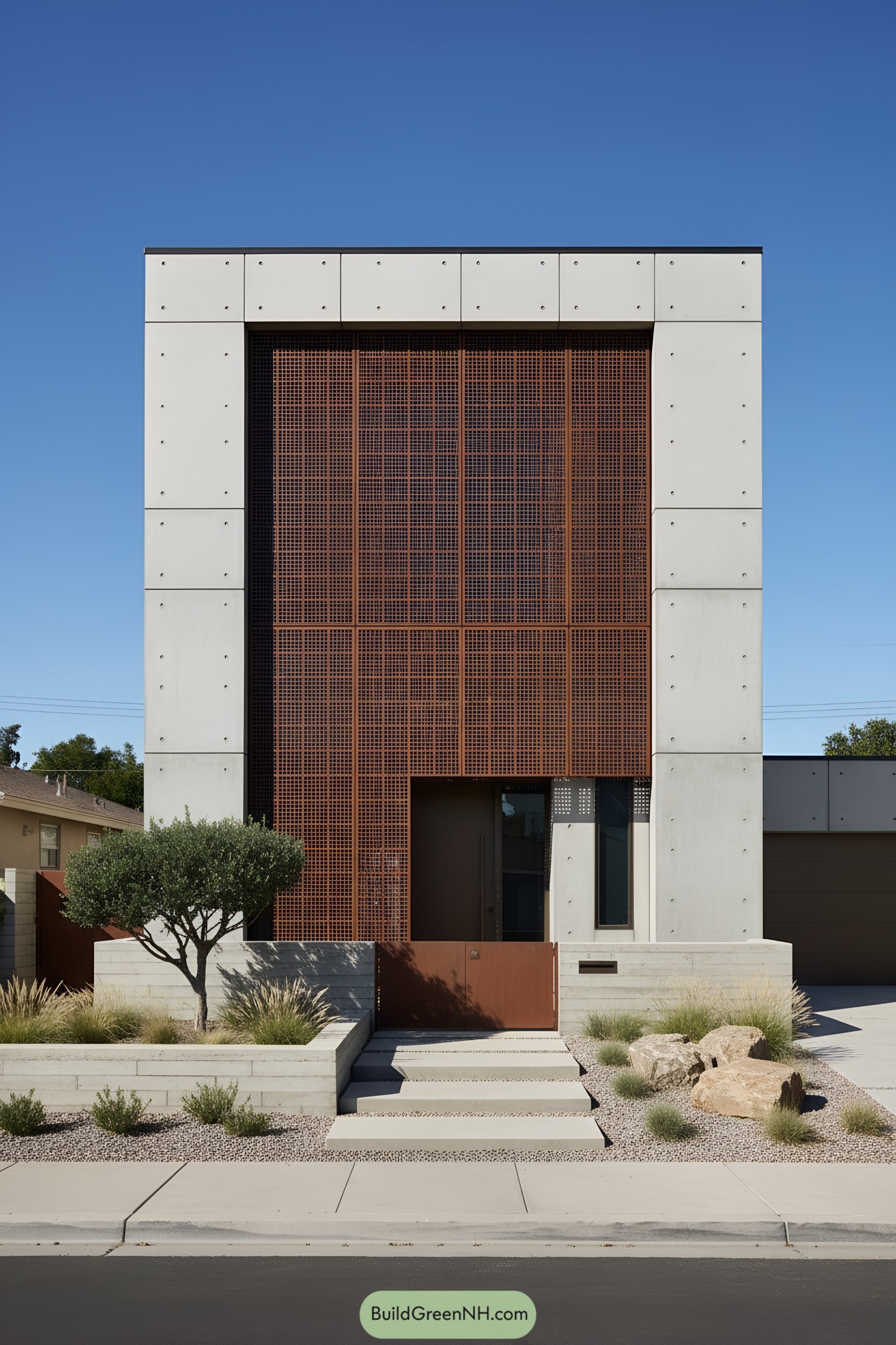 Concrete townhouse with perforated rusted screen