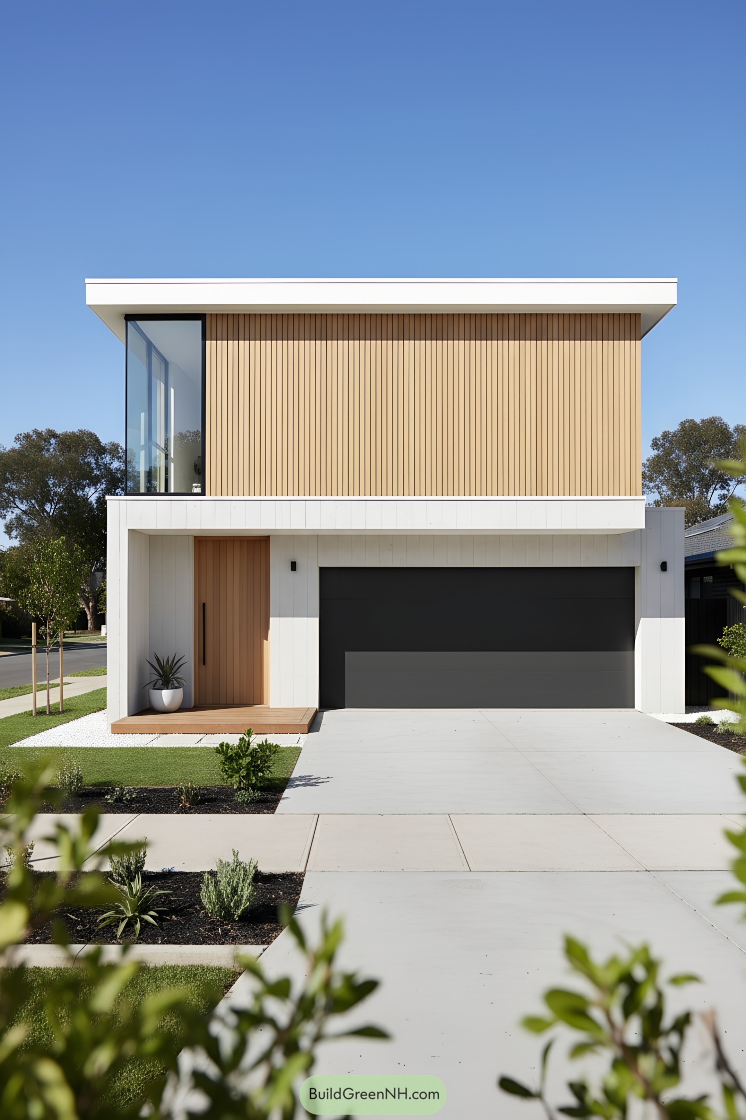 Two-story concrete panel home with warm timber cladding, black garage, and large corner window