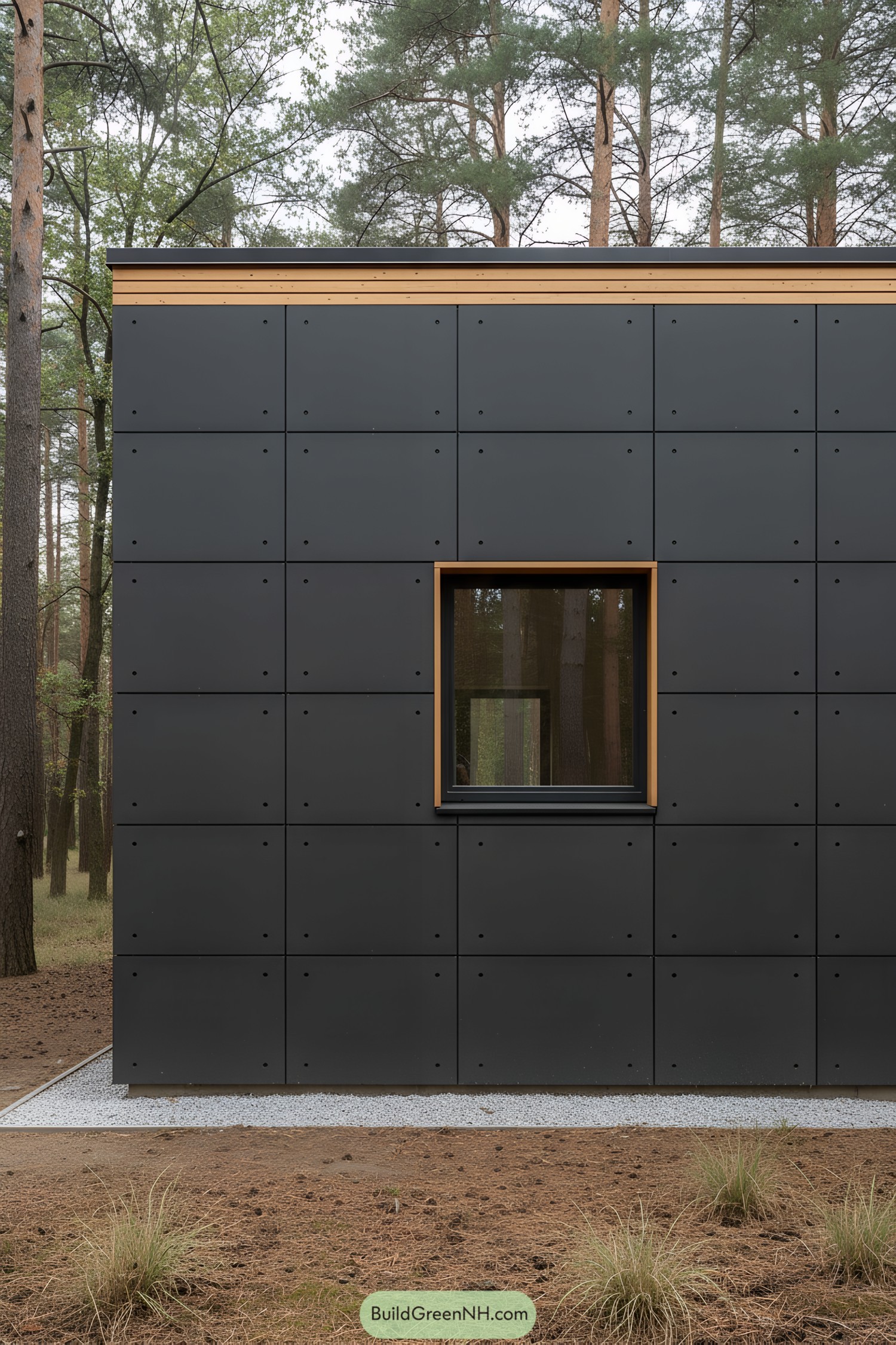 Dark panel facade with single wood-trimmed window