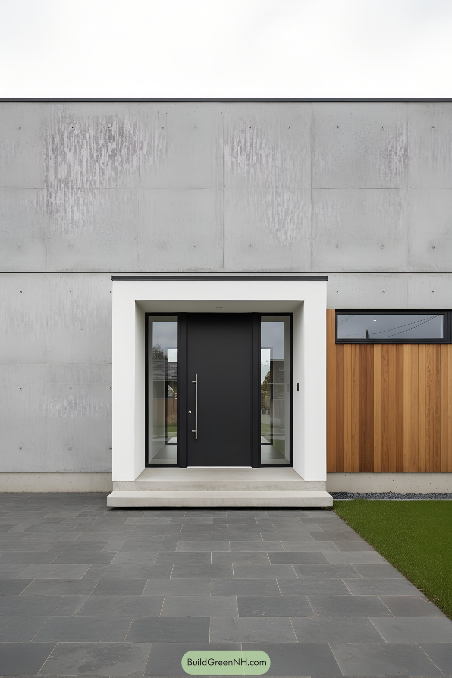 Minimalist concrete facade with black door, cedar siding, and slate walk