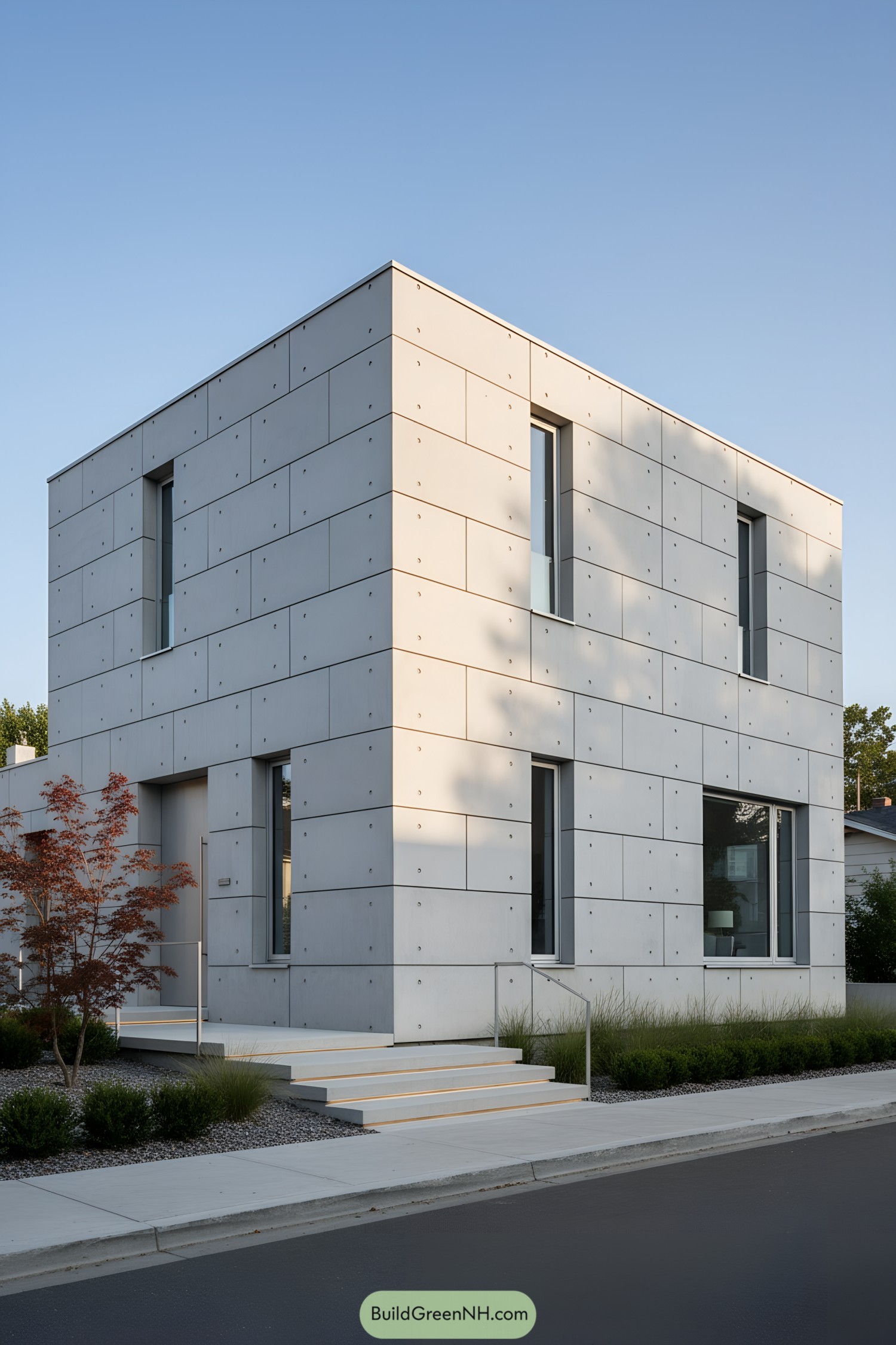 Minimalist concrete panel house exterior at dusk