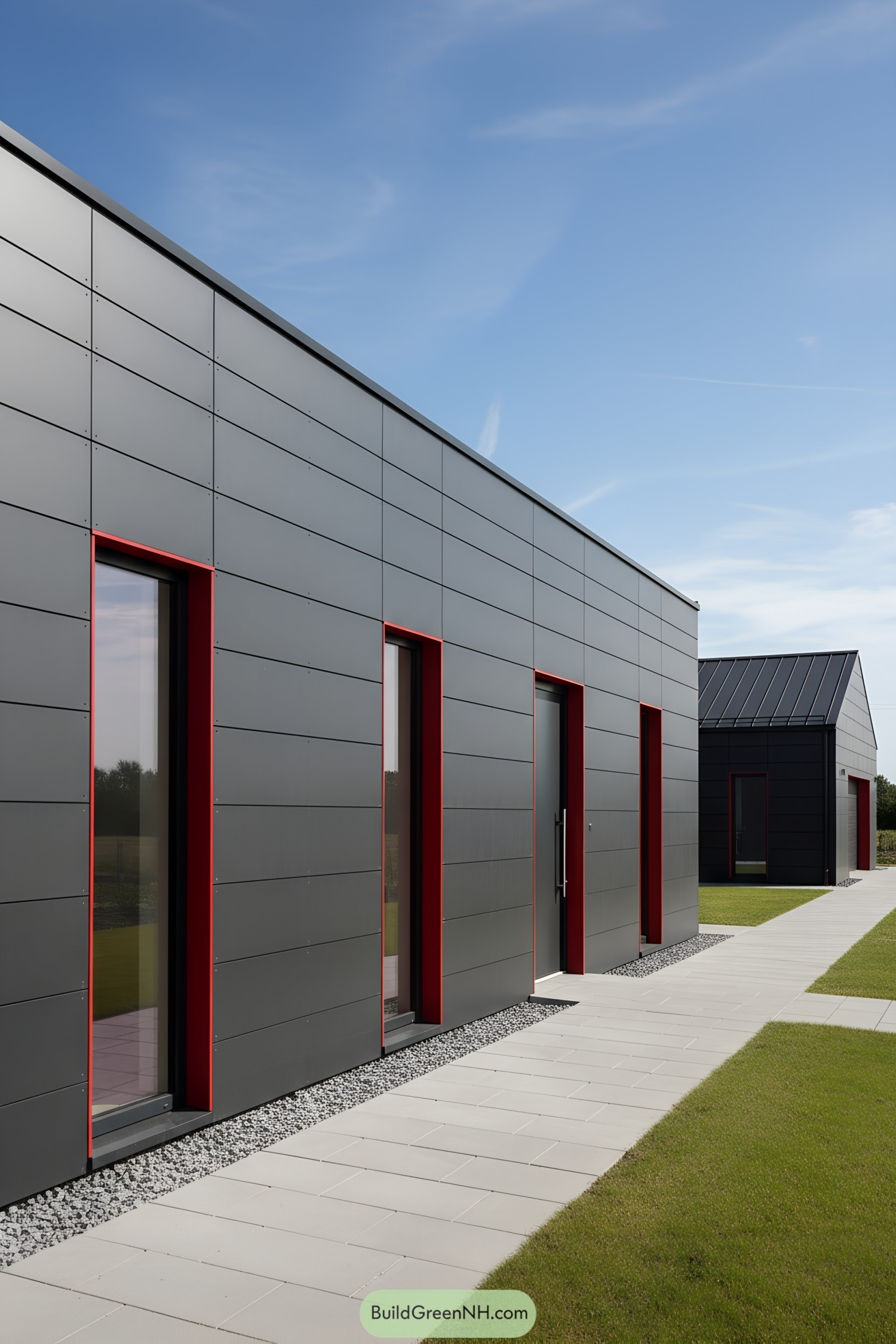 Dark concrete panels with red inset openings along a minimalist path