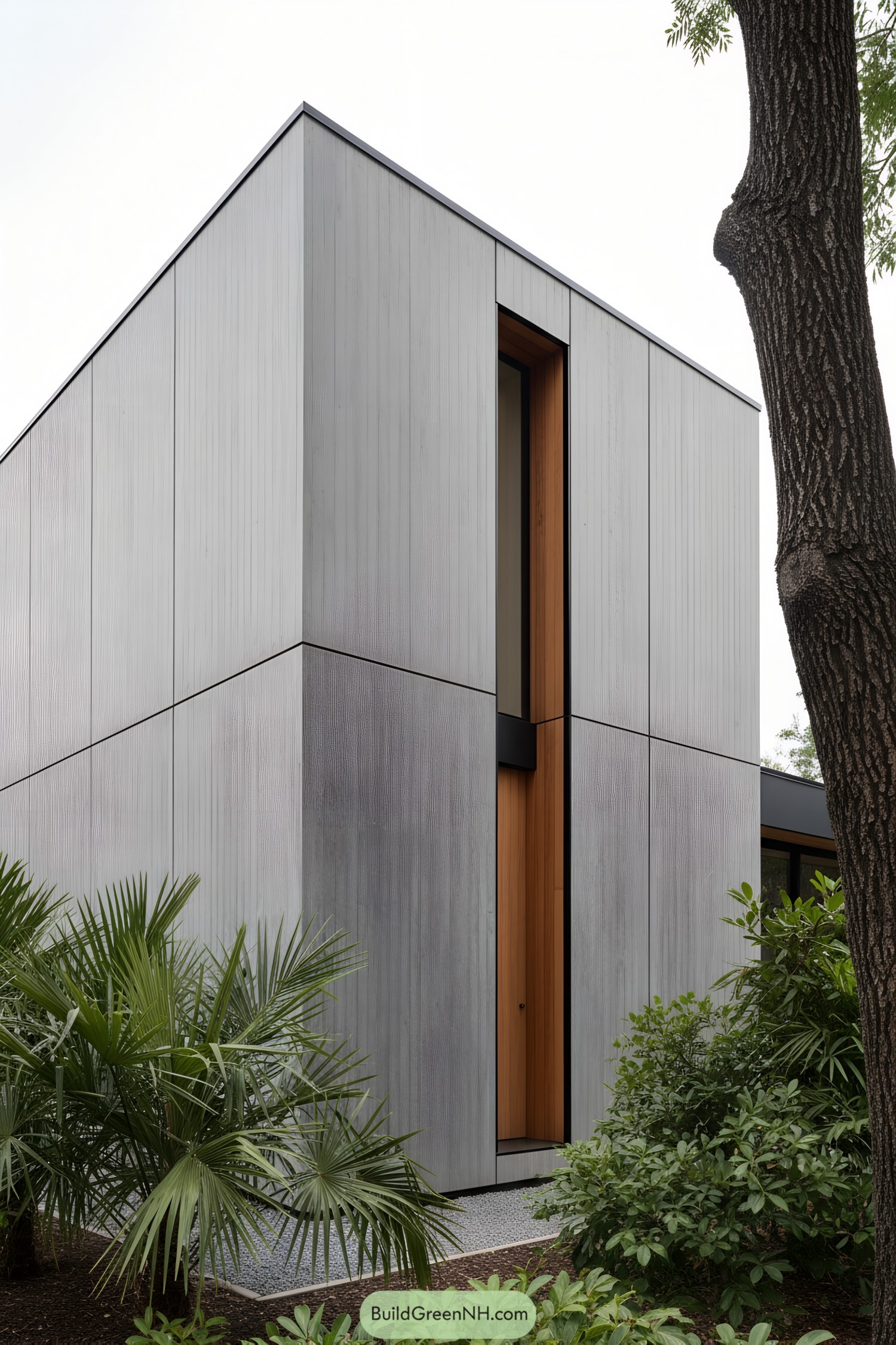 Minimalist concrete panel house with wood entry