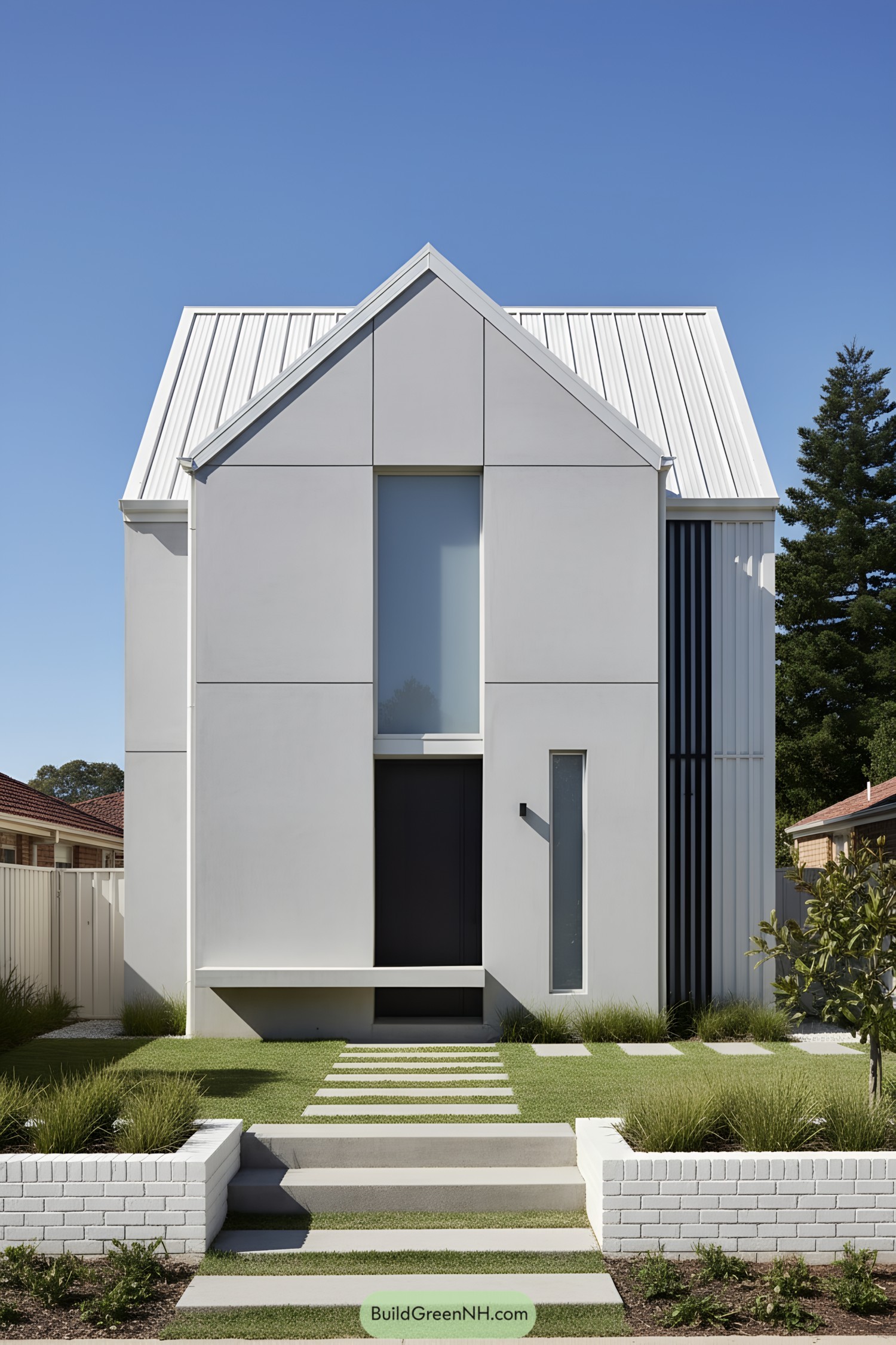 Modern gabled house with smooth concrete panels and narrow windows