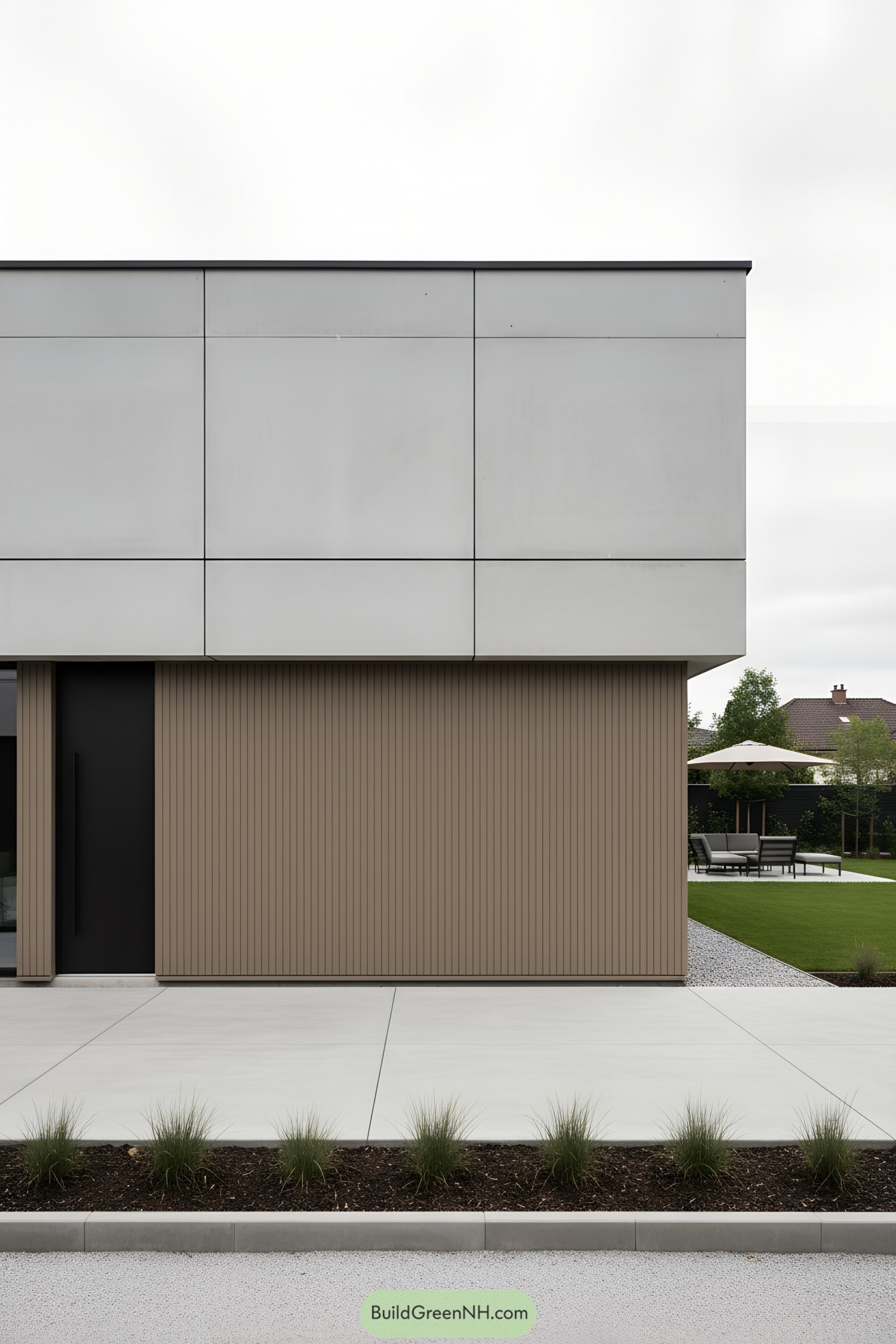 Minimalist concrete facade with ribbed cladding and courtyard