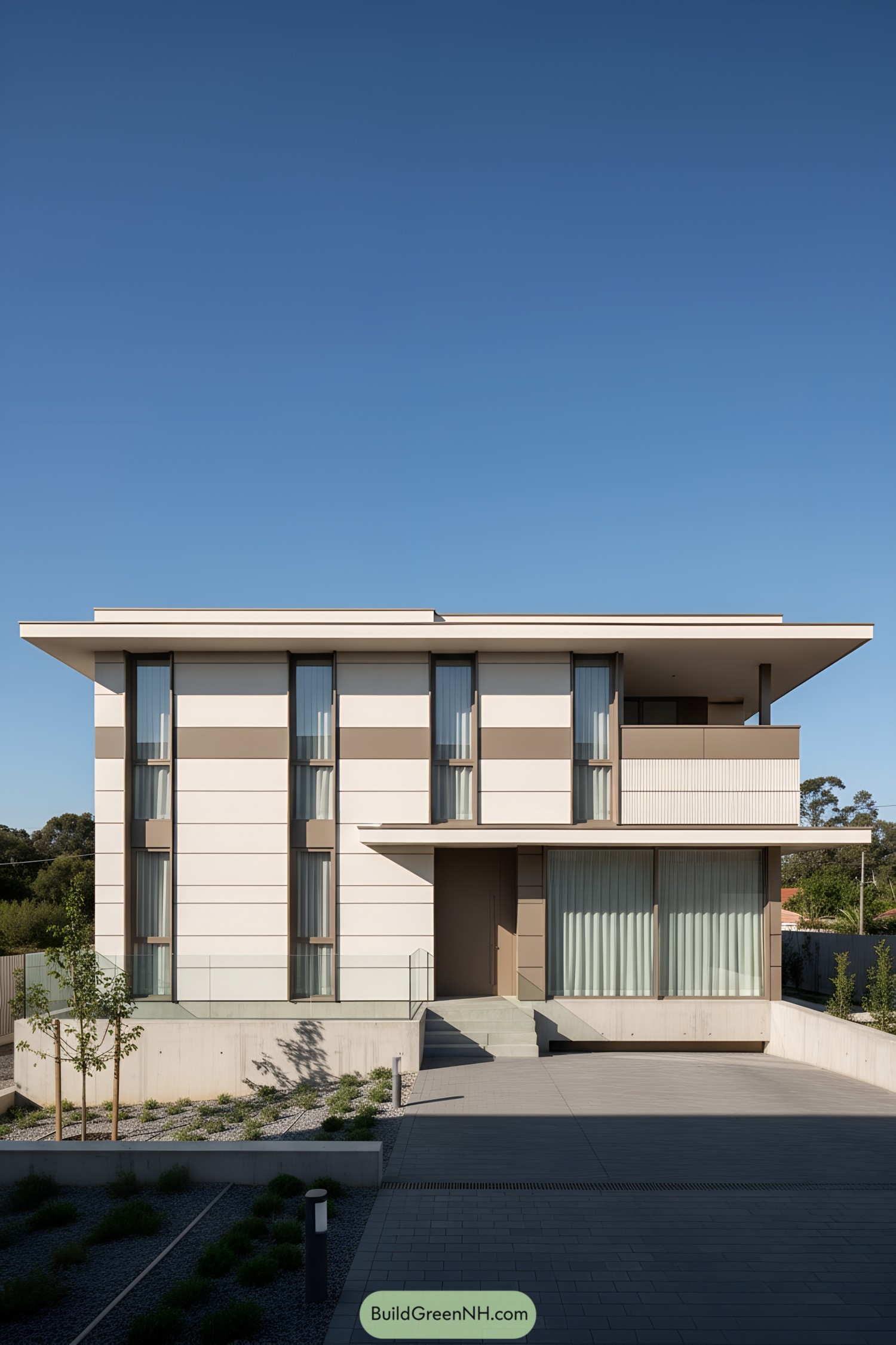 Two-story concrete panel house with slim vertical windows and layered horizontal bands