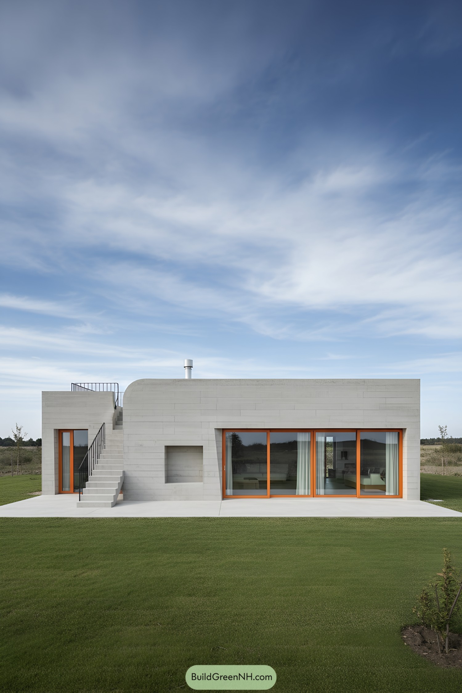 Minimalist concrete villa with orange-trimmed glazing
