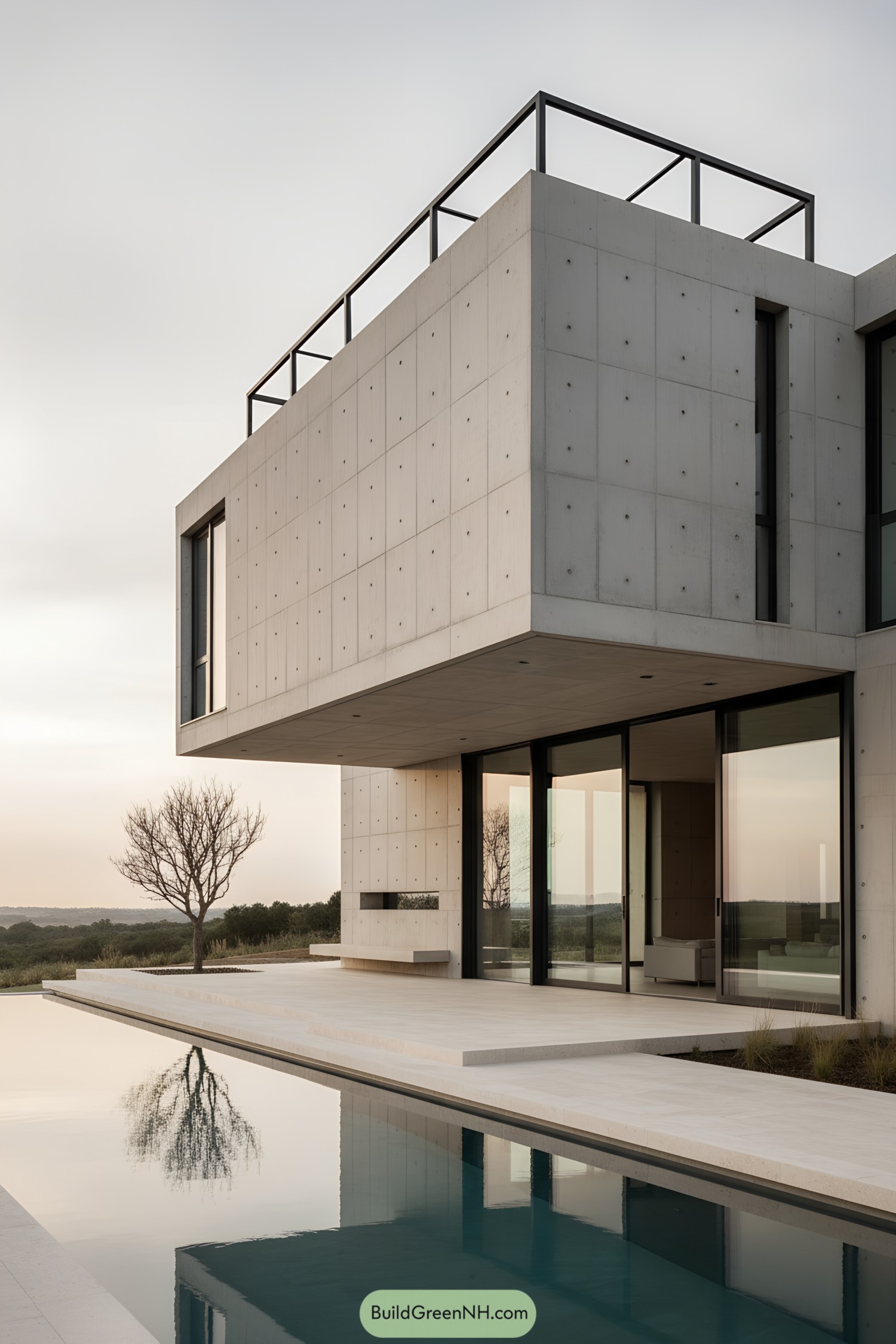 Minimalist concrete villa with cantilevered upper volume and reflecting pool