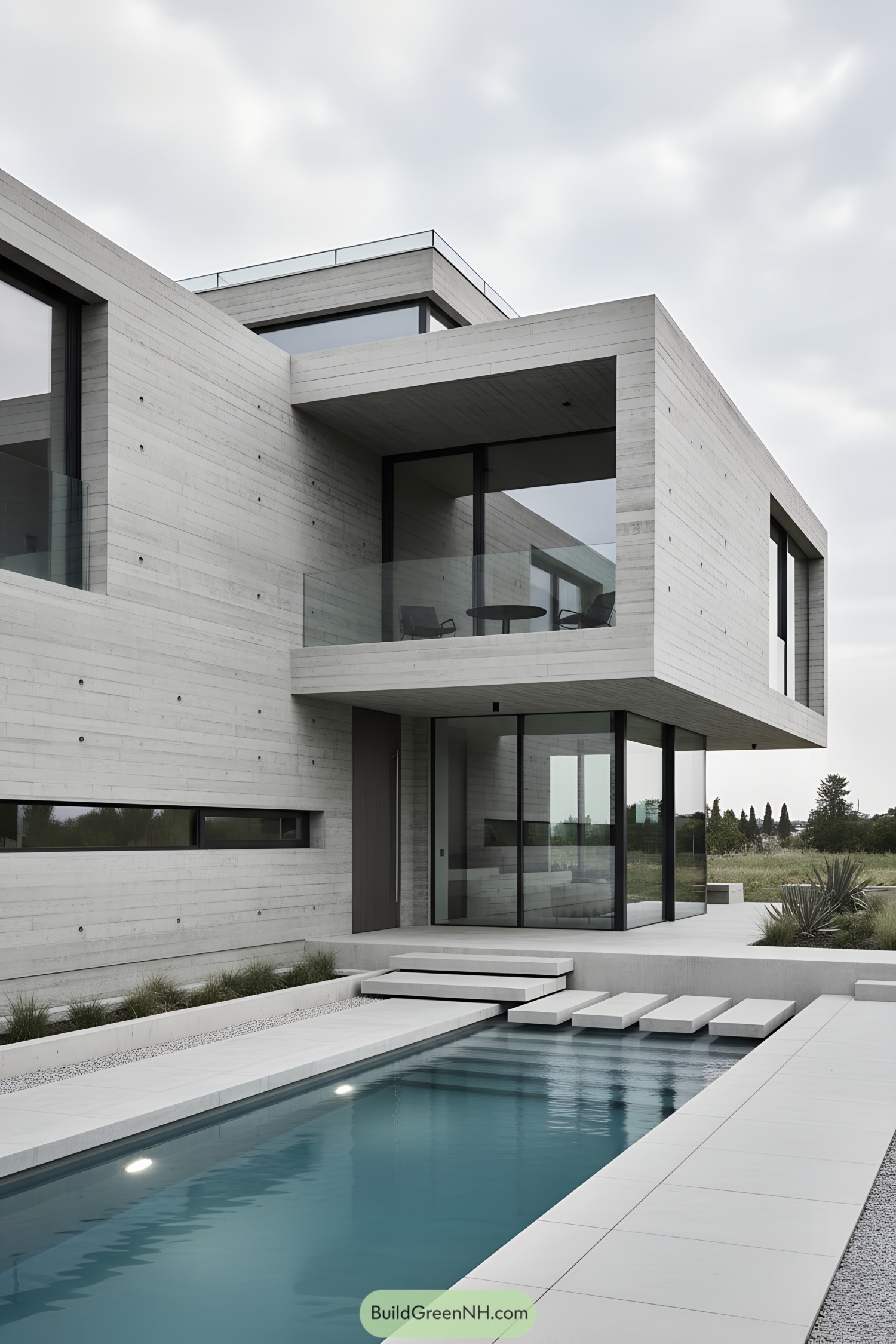 Minimalist concrete villa with cantilevered volume and lap pool