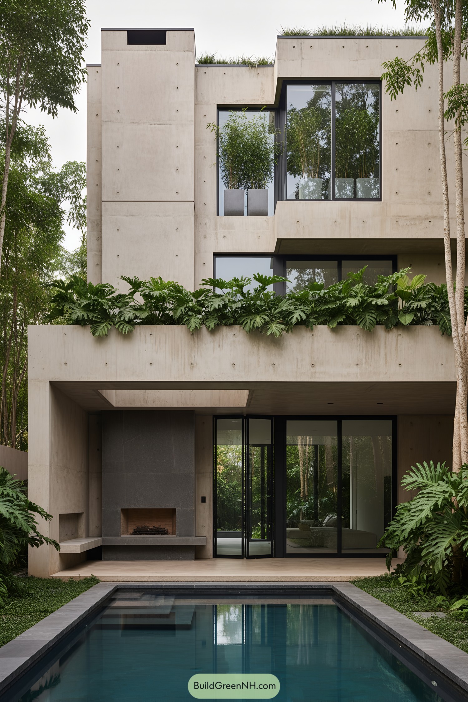 Concrete villa with lush planted terraces and pool