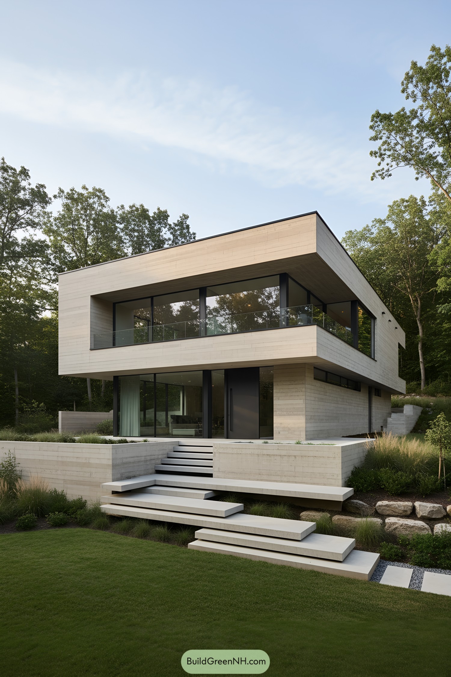 Two-story concrete villa with floating slab steps and ribbon windows surrounded by trees