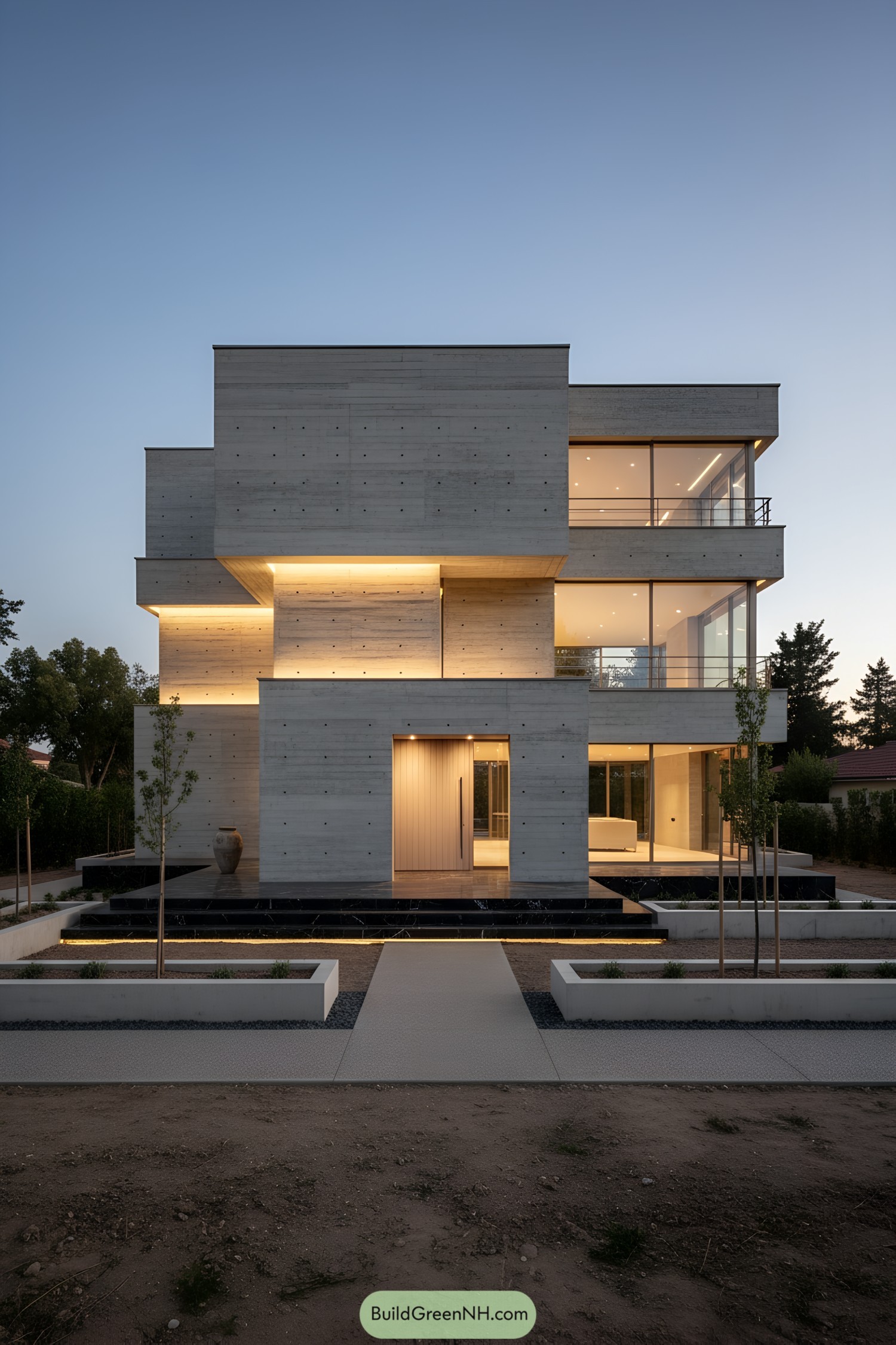 Three-story stacked concrete villa at dusk with warm recessed lighting and expansive glass walls