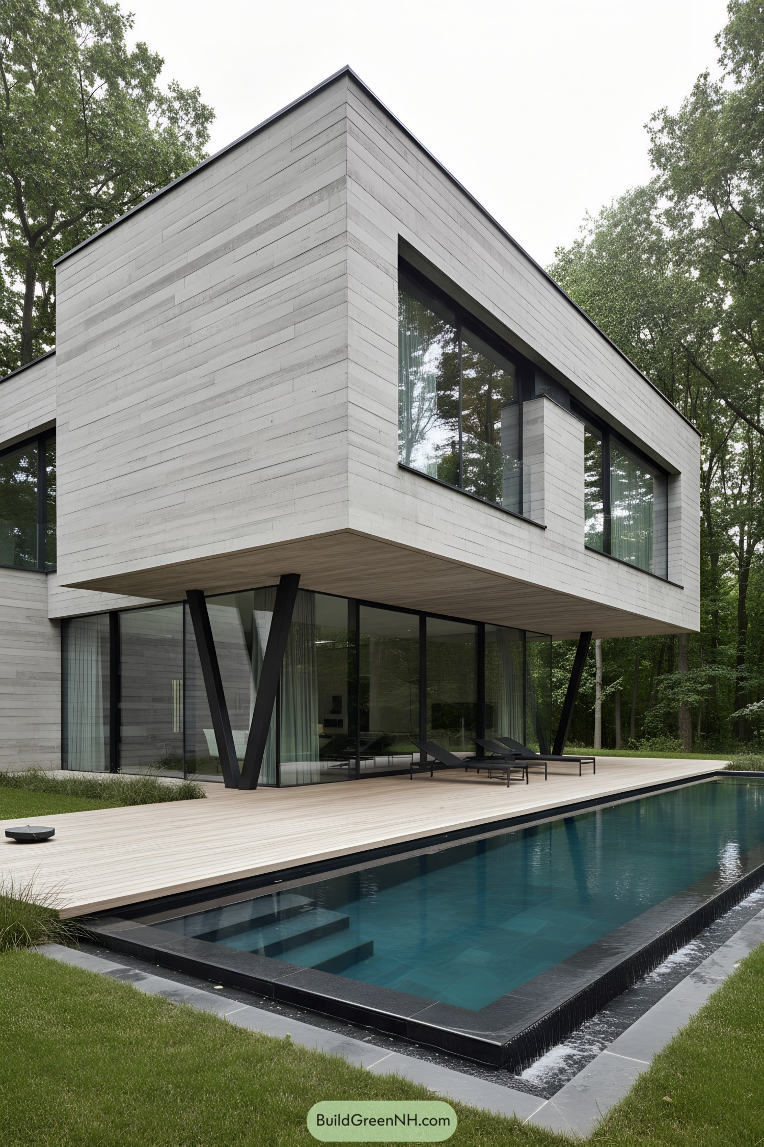 Two-story concrete villa with cantilevered upper level, black V-shaped steel supports, glass walls, and a slim lap pool