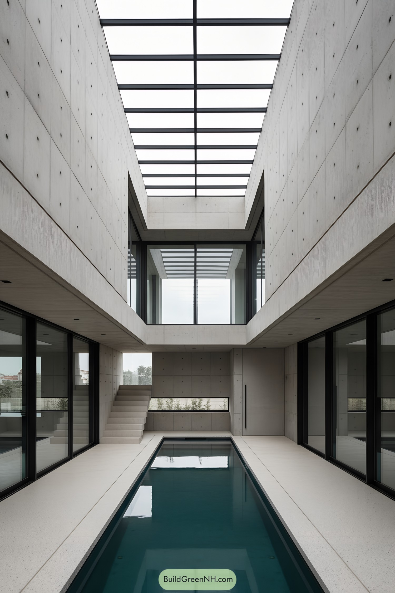 Narrow pool atrium under a glass roof