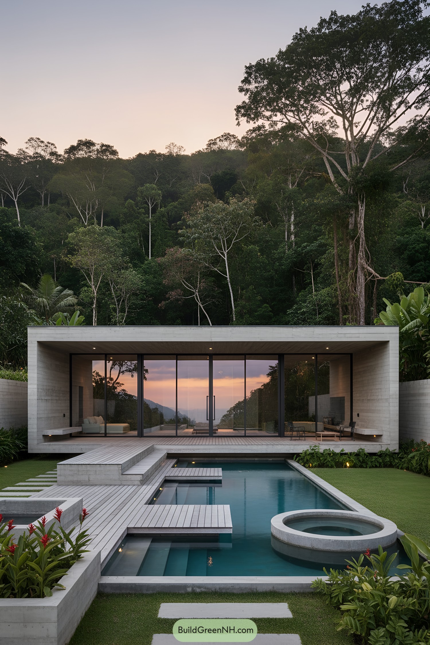Minimal concrete villa with tiered deck and pool facing forest