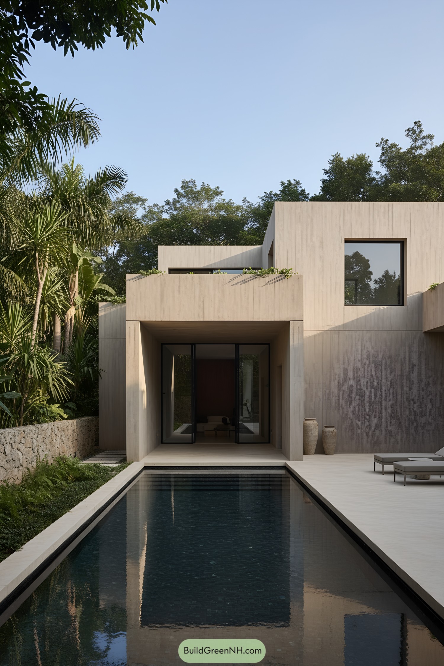 Minimalist concrete villa with lap pool courtyard
