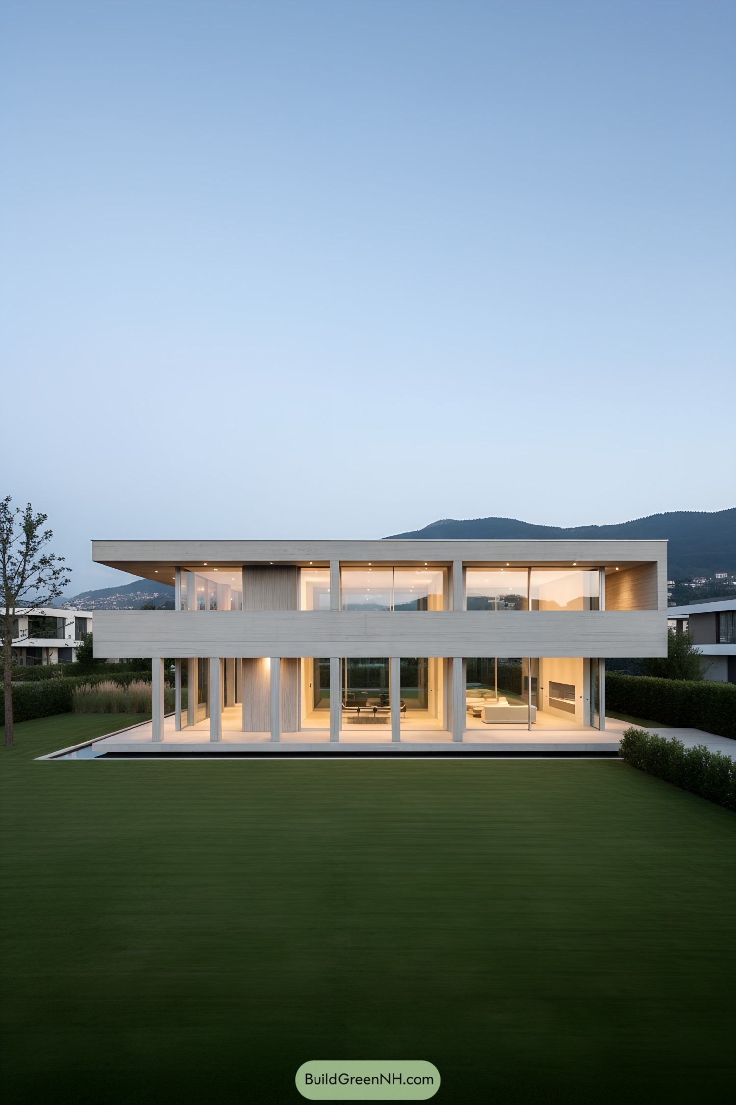 Two-story concrete villa with deep overhangs and full-height glazing on a manicured lawn at dusk