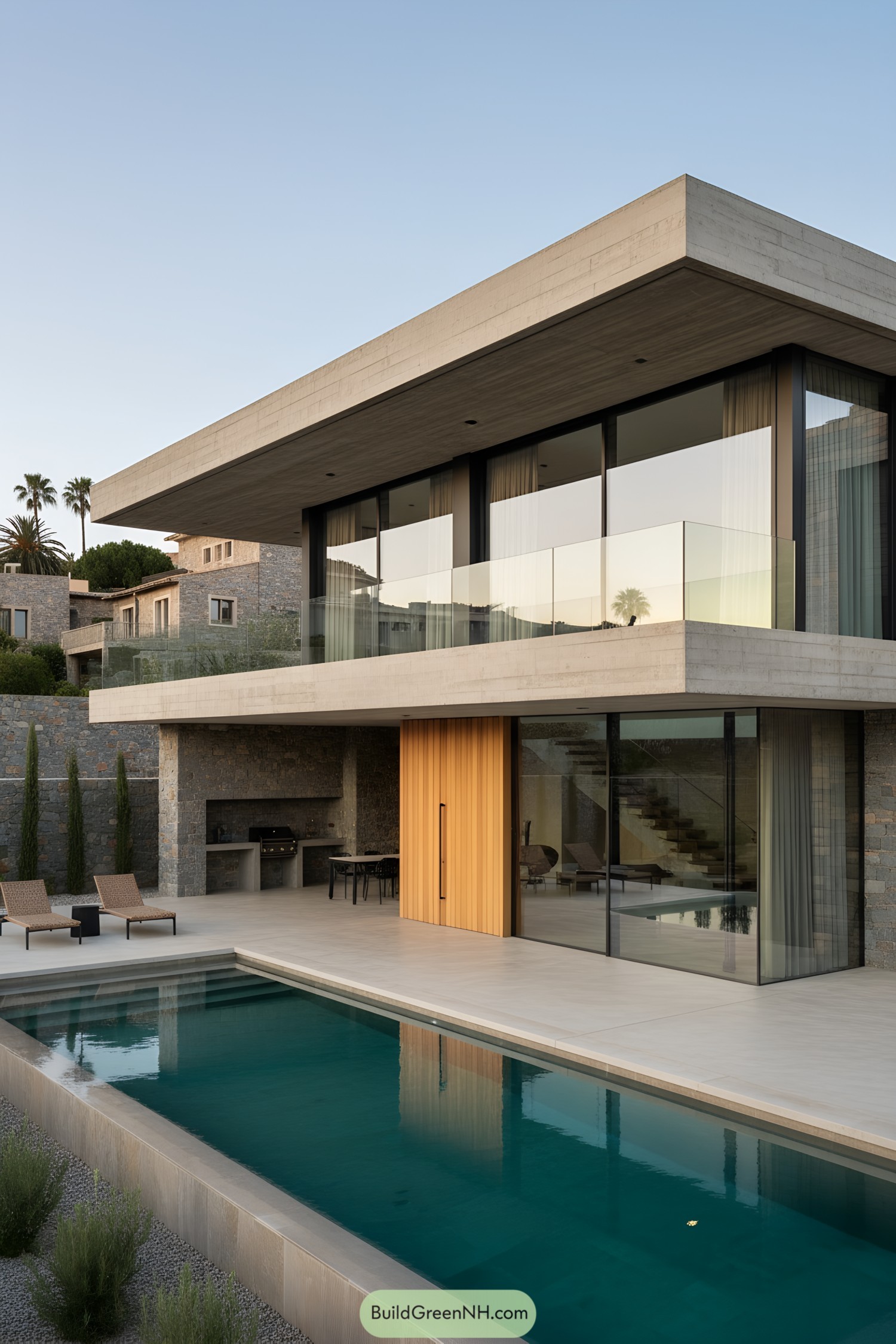 Two-story concrete villa with glass railings and lap pool