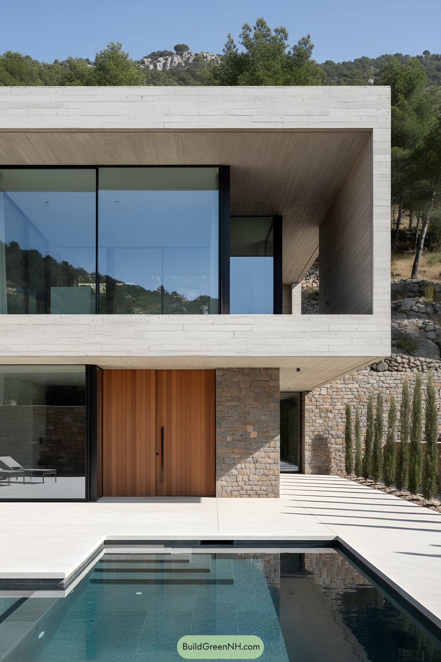Modern concrete villa with glass and pool