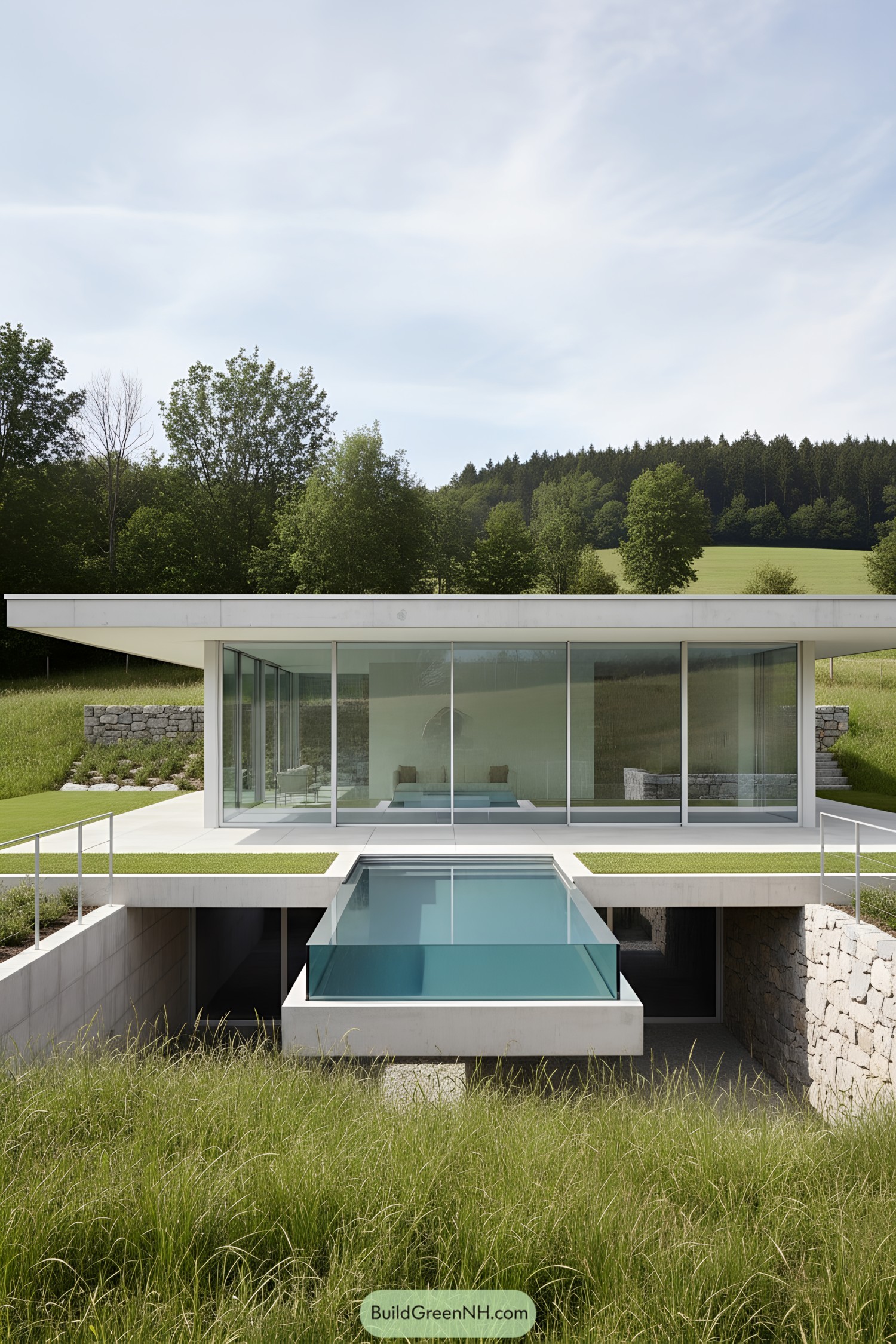 Minimalist concrete villa with glass walls and a cantilevered lap pool