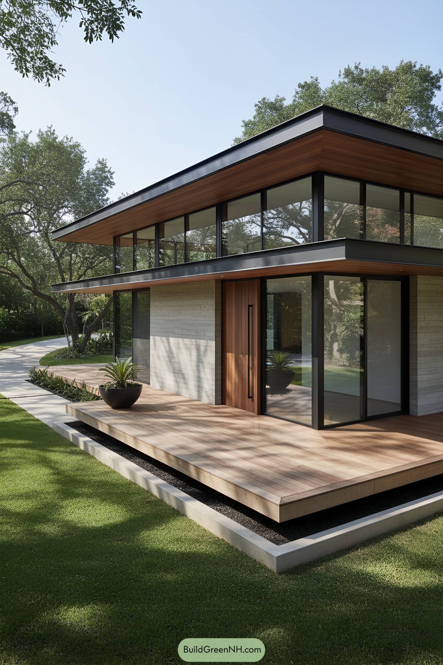 Two-story concrete villa with cedar eaves and glass