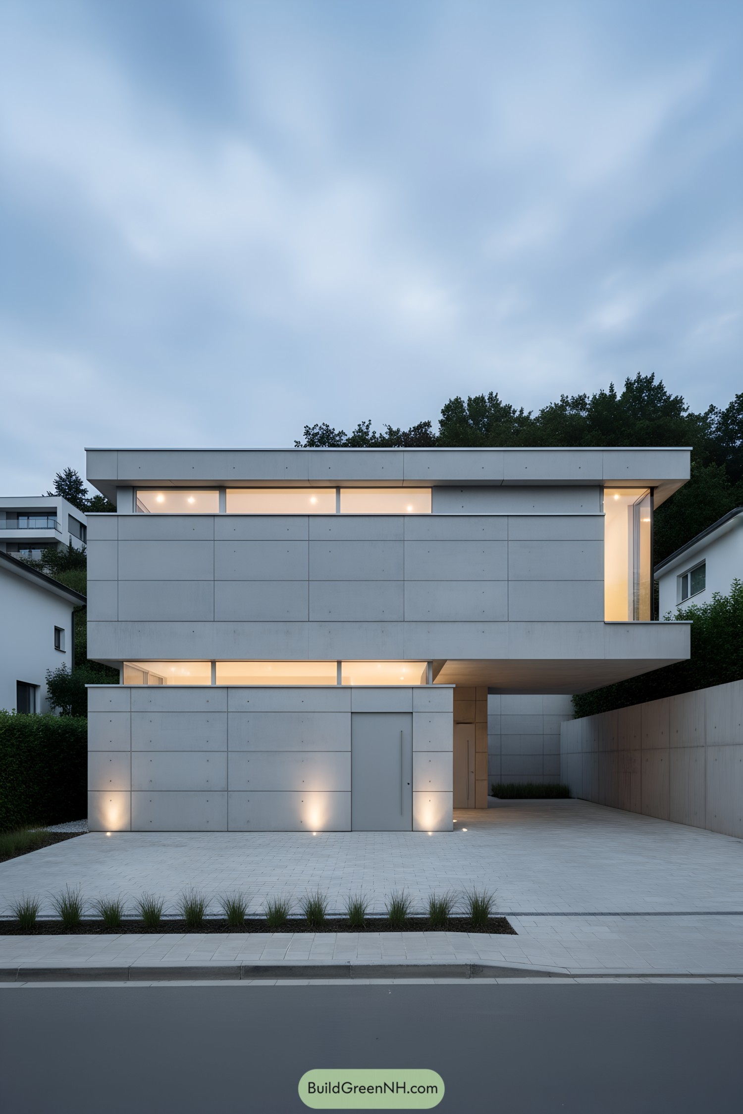 Two-story minimalist concrete house with slim clerestory windows and a cantilevered upper volume over a paved forecourt