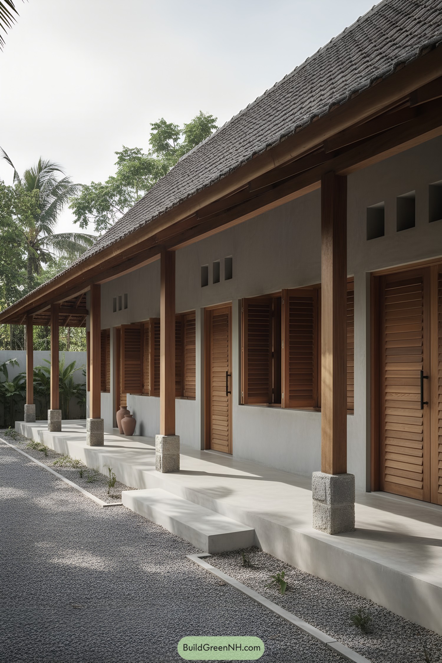 Shaded concrete veranda with timber louvers