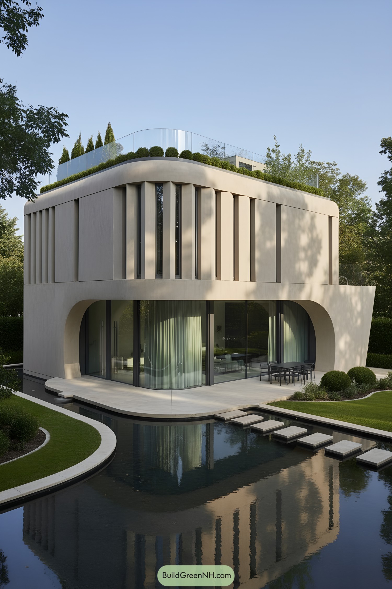 Two-story rounded concrete villa beside reflecting pool
