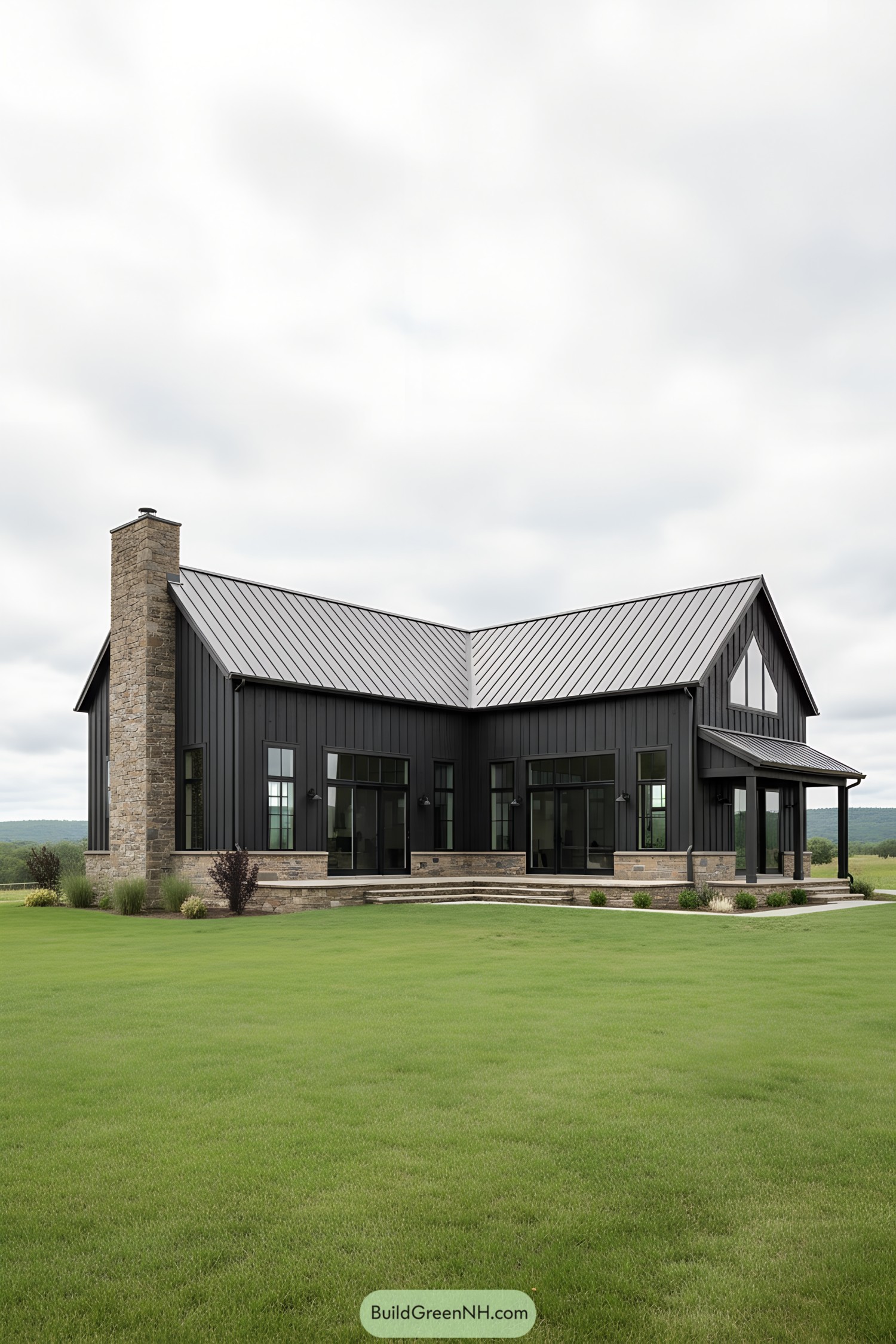 Dark board-and-batten barn home with metal roof, tall windows, and a stone chimney