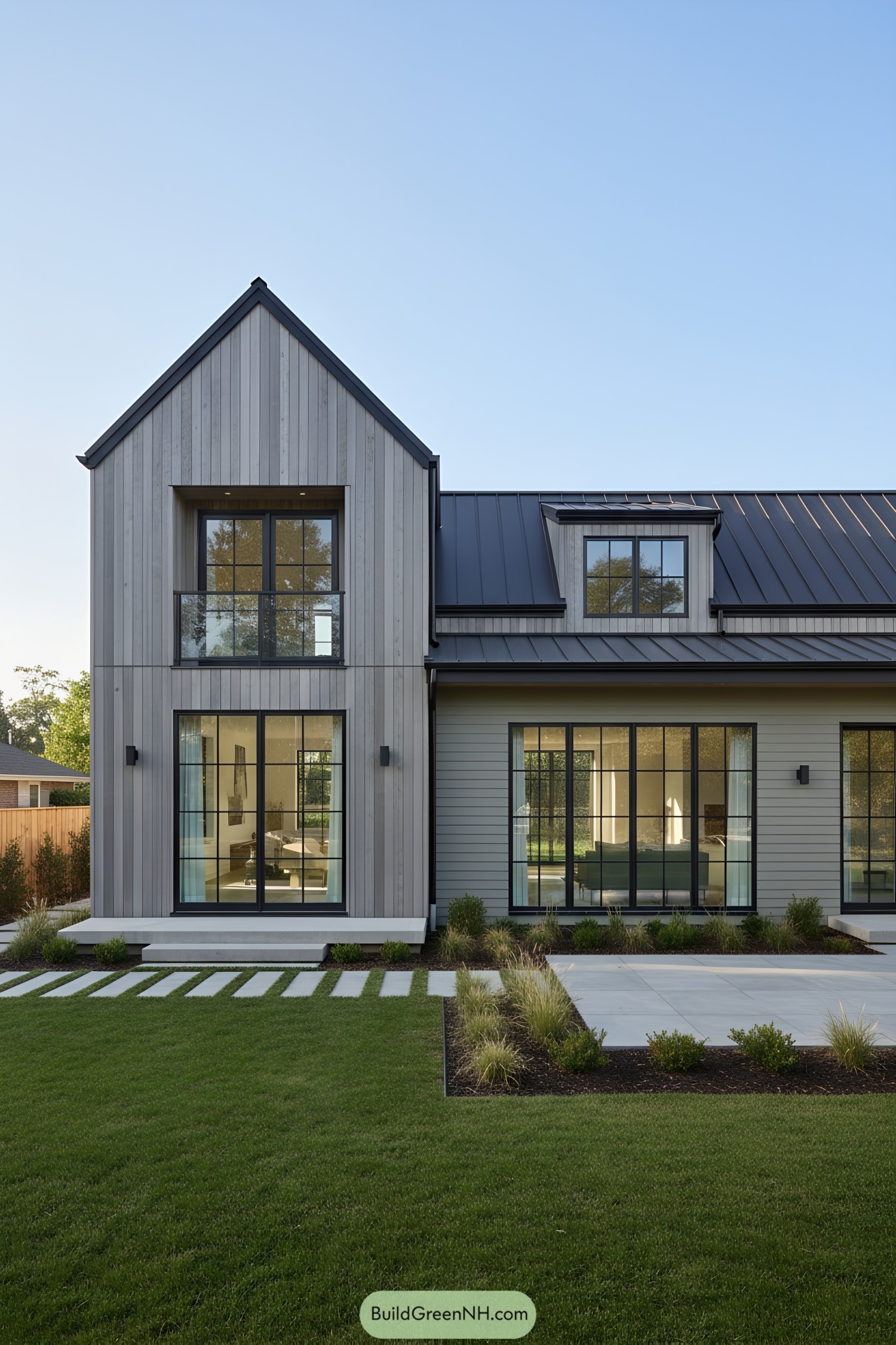 Modern barn home with gray cladding, black metal roof, and large grid windows