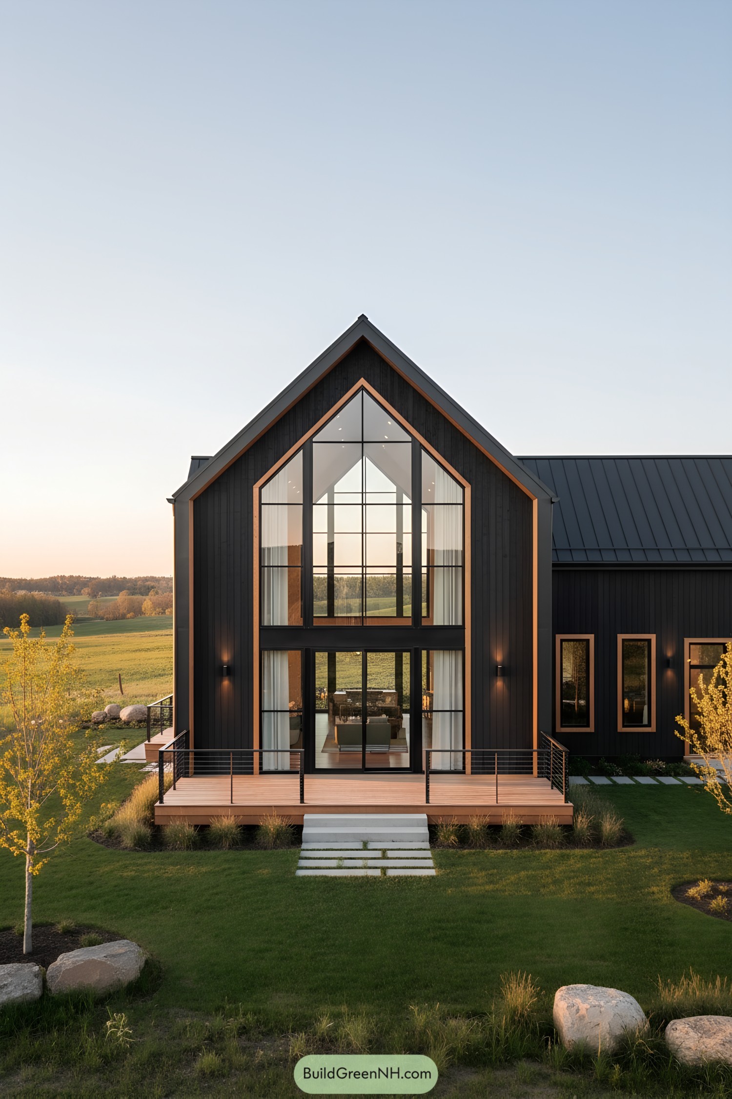 Dark vertical siding barn with copper-trimmed glass gable and broad deck facing fields